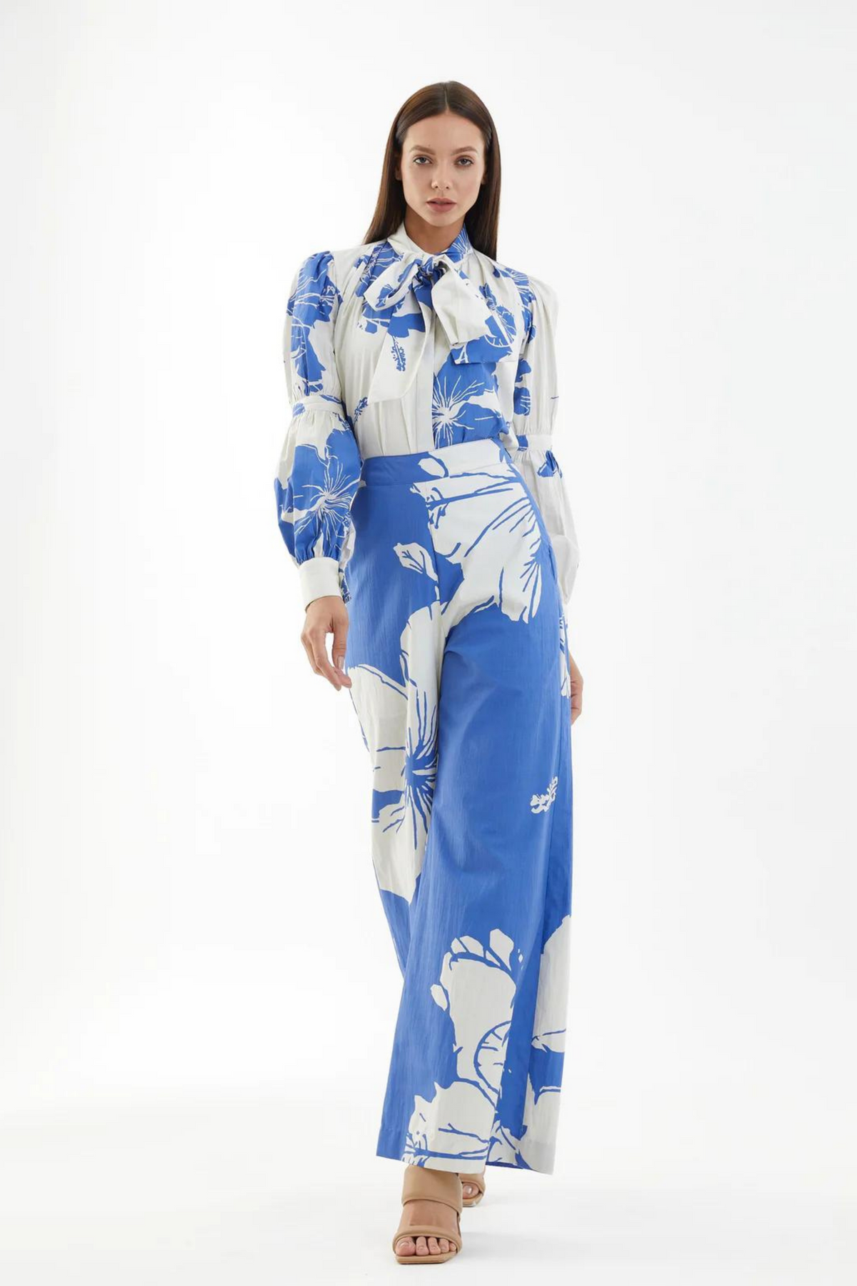 White And Blue Floral Bow Tie Shirt