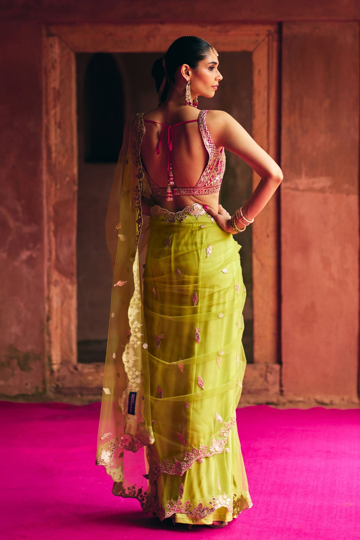 Lime Green Net Saree Set