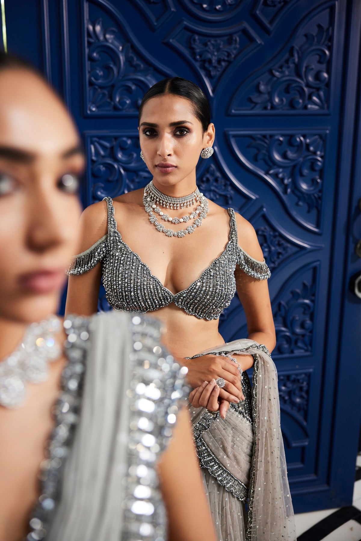 Grey Sequin Pre Draped Saree Set