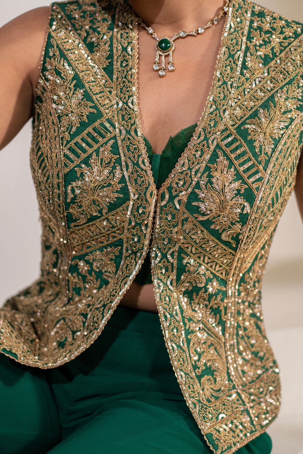 Emerald Green Embellished Jacket Set