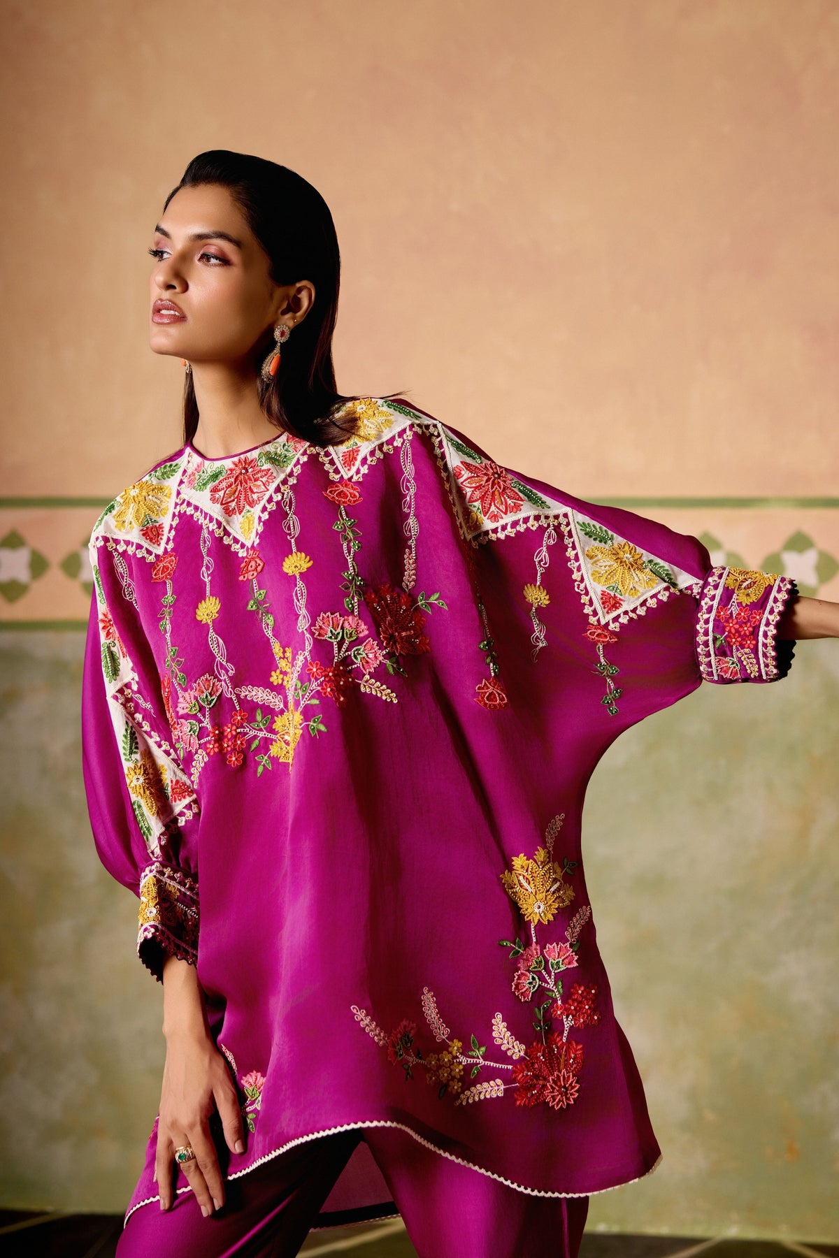 Purple Embroidered Kimono Co-ord Set