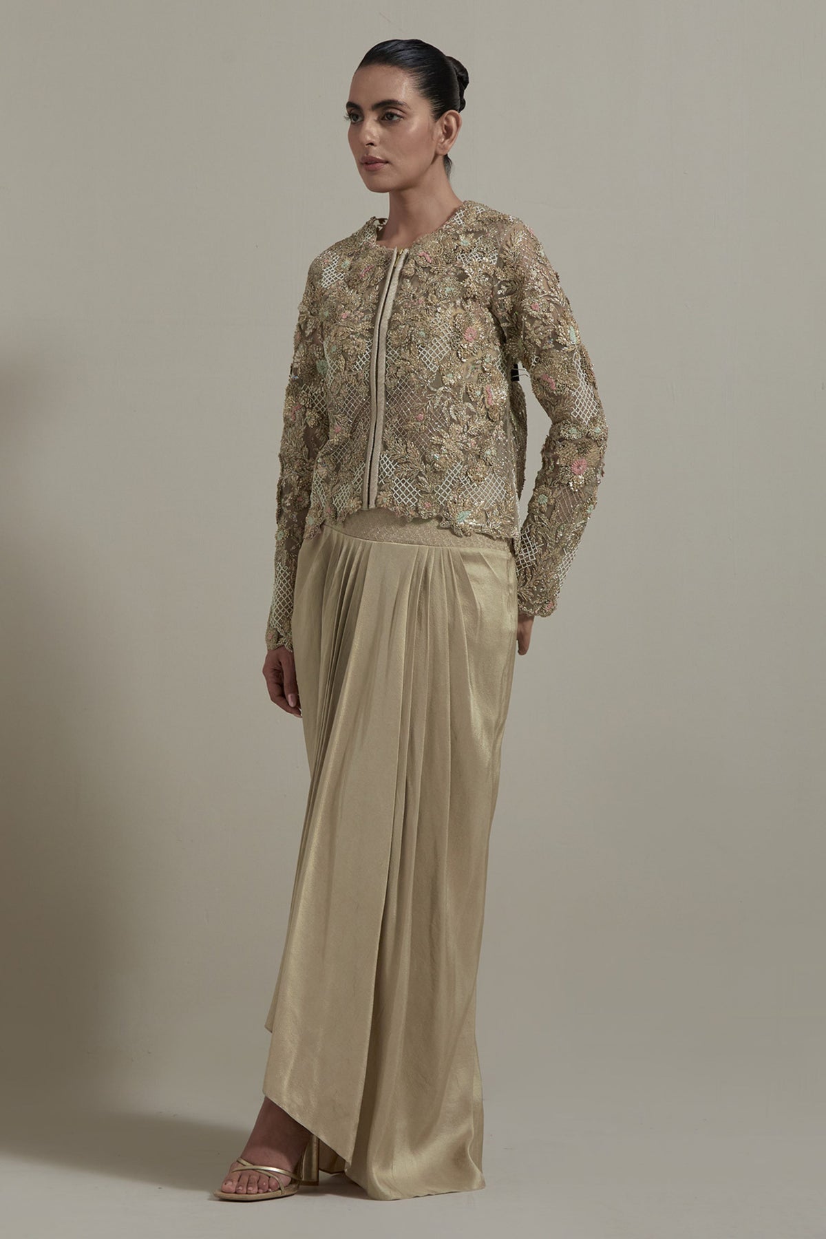 Beige Embellished Jacket Set