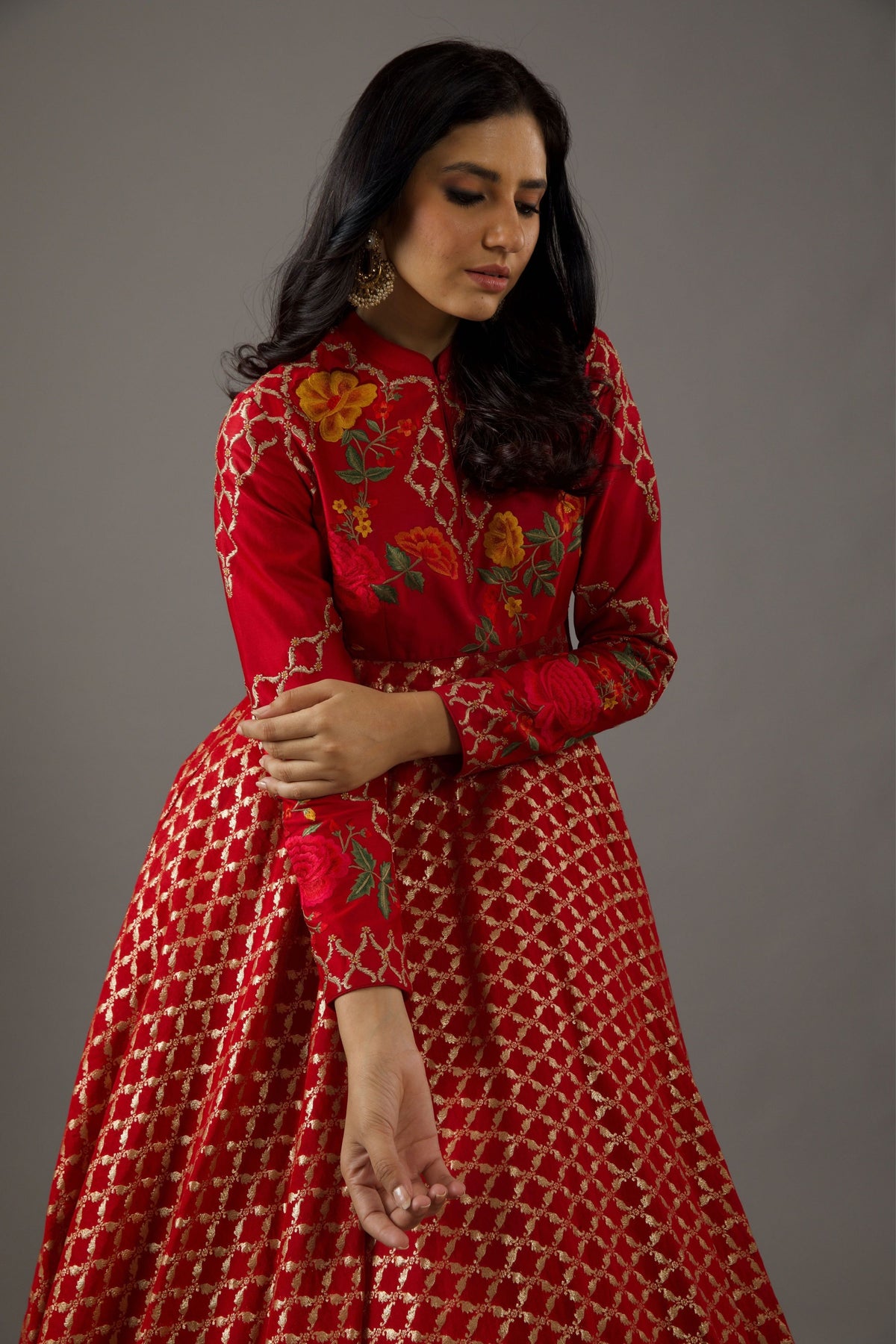 Red Chanderi Anarkali Set