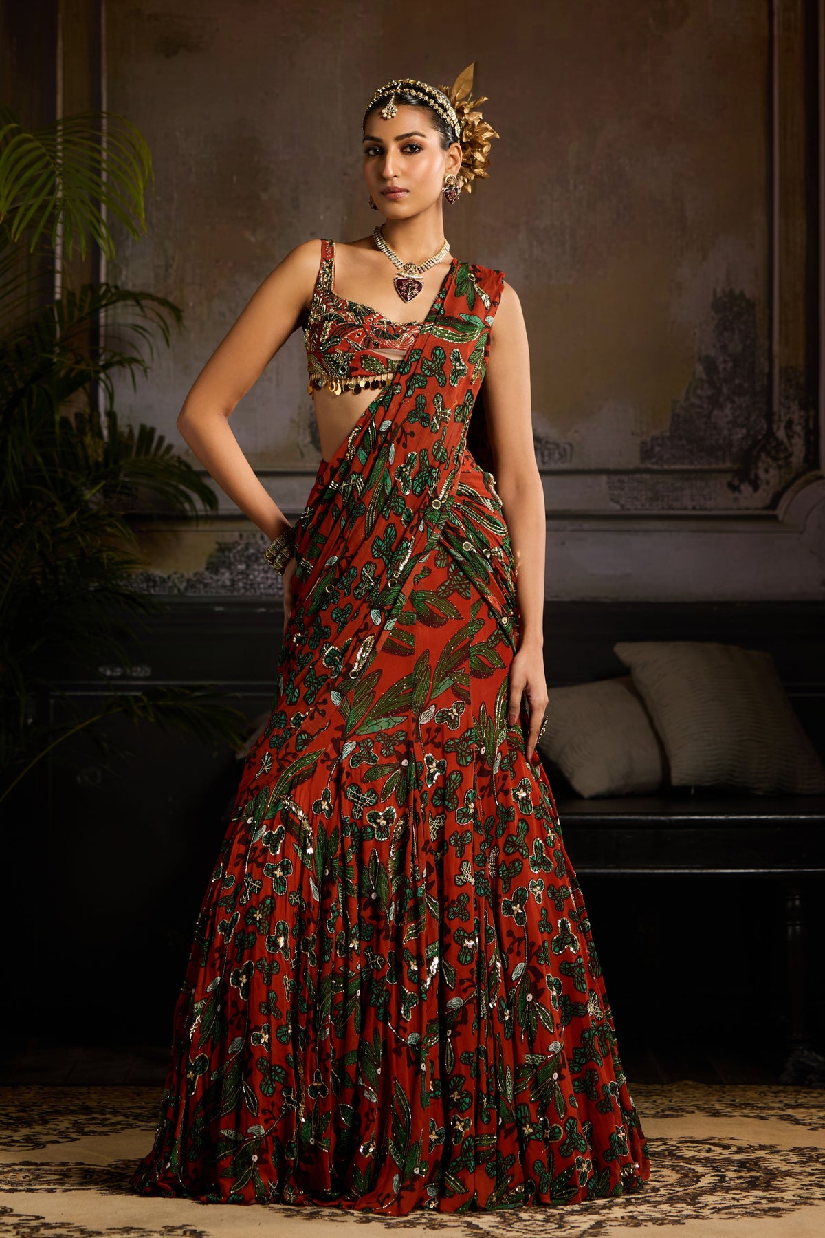 Printed Draped Saree Set in Rust