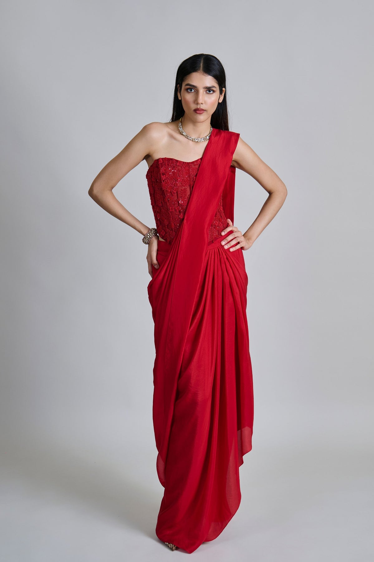 Zin Red Draped Saree Set