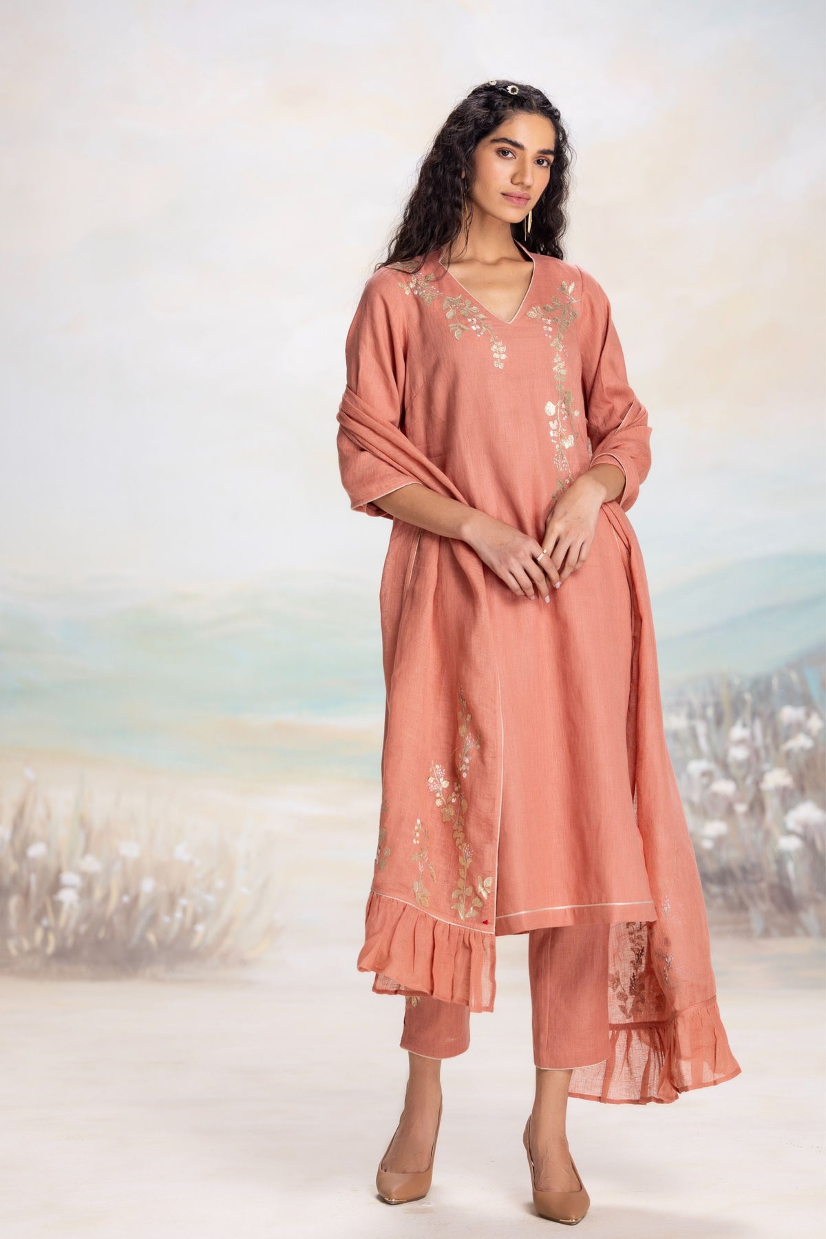Golden Leaf Peach Kurta Set