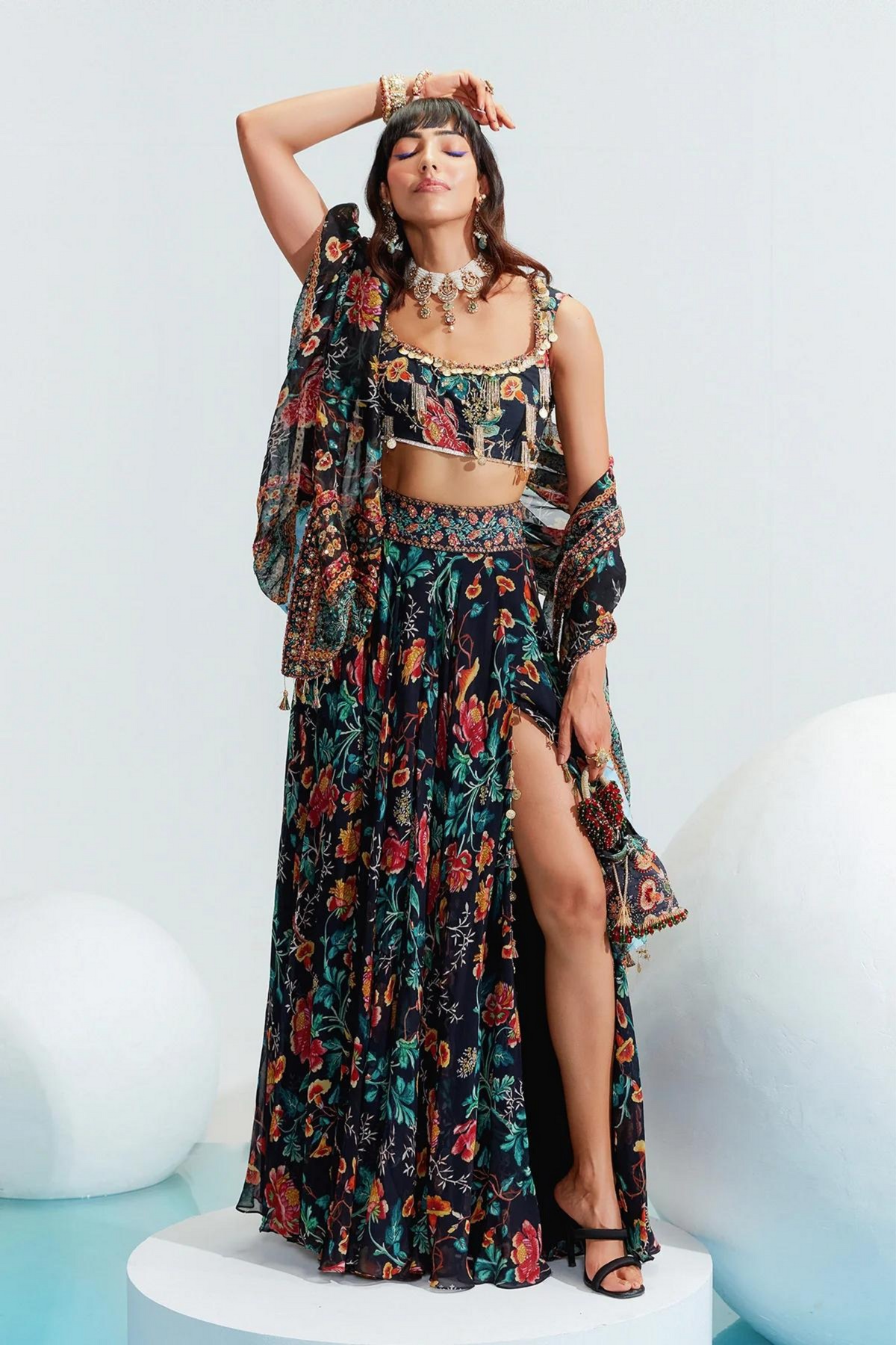 Noora Black Embroidered Slit Lehenga Set