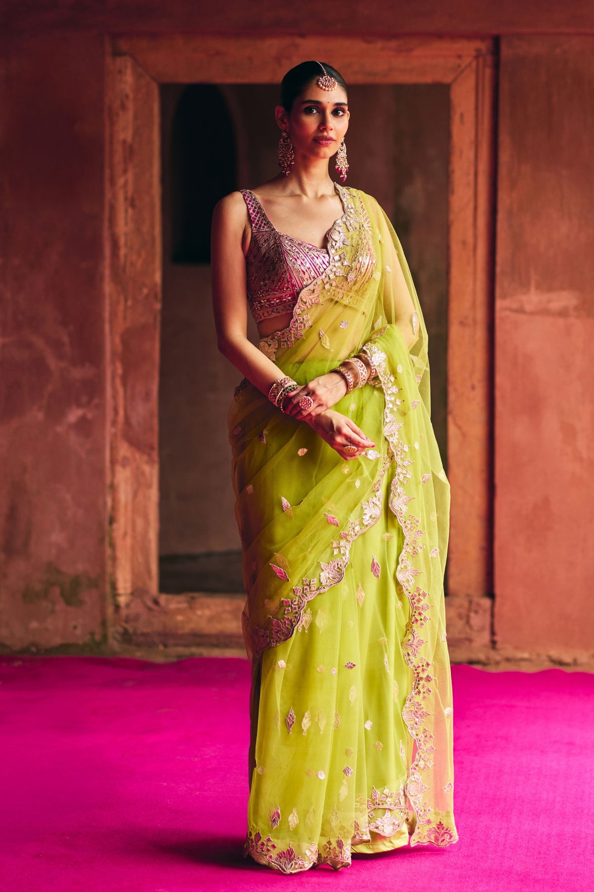 Lime Green Net Saree Set