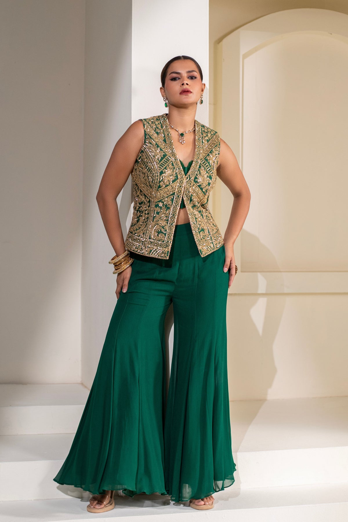 Emerald Green Embellished Jacket Set
