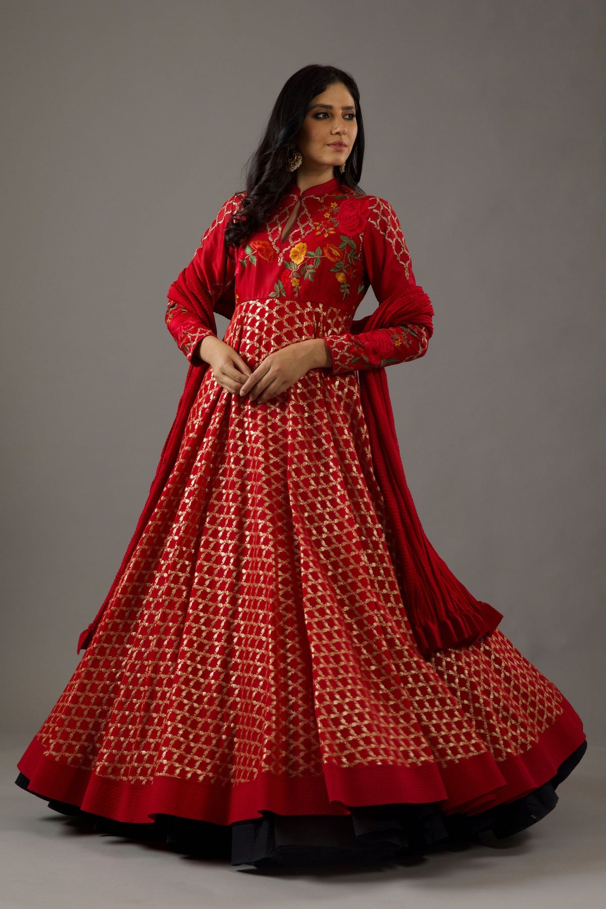Red Chanderi Anarkali Set