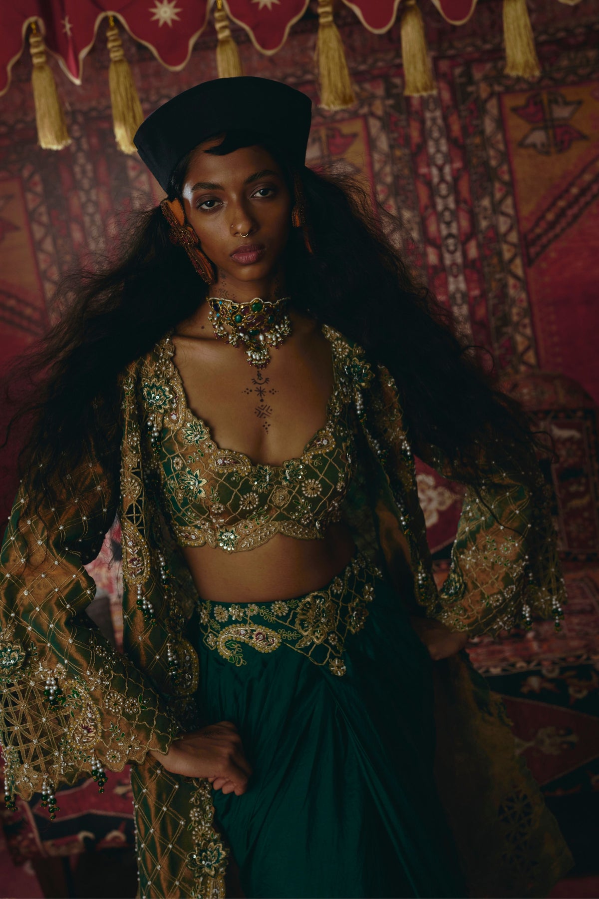 Emerald Green Draped Skirt Set