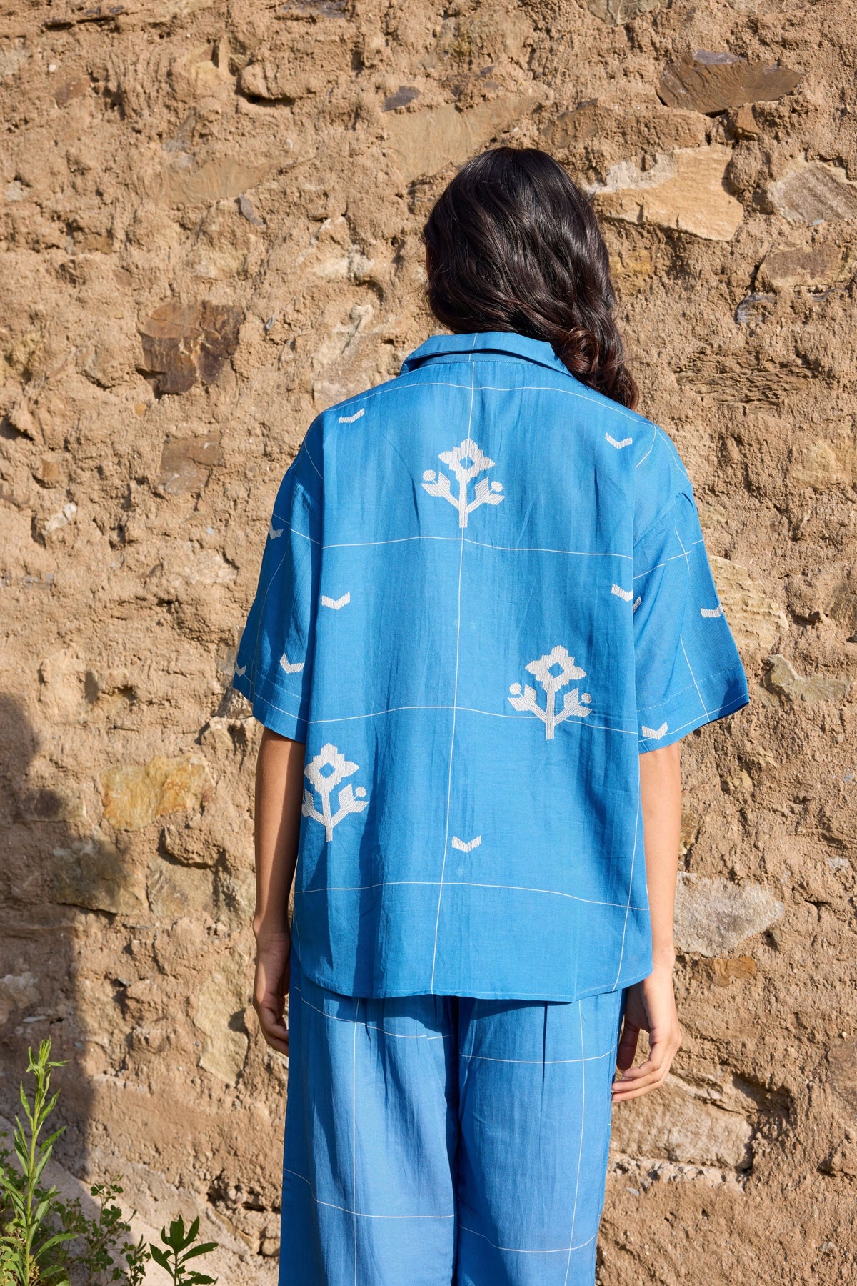 Blue Embroidered Drop Shoulder Shirt