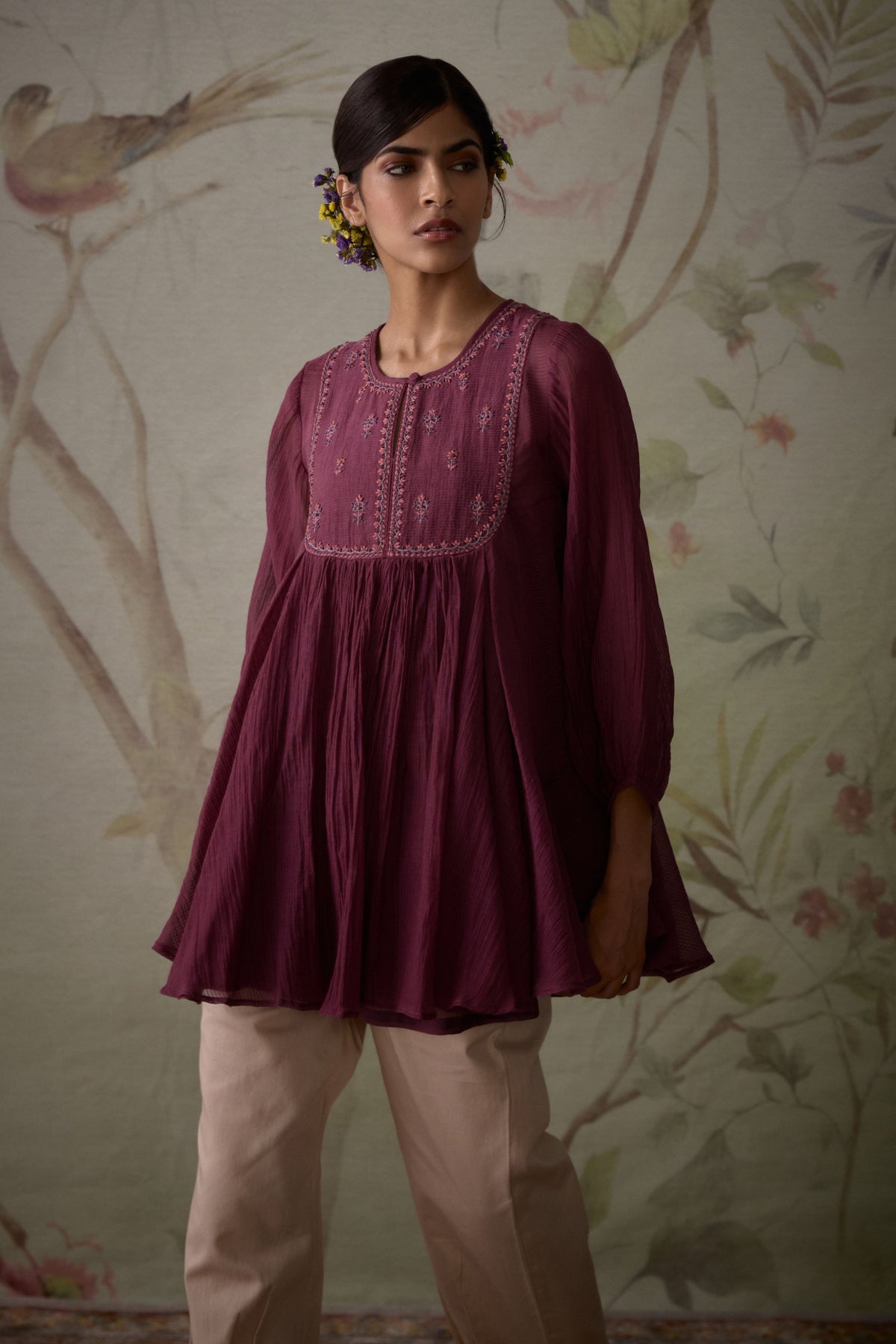 Wine Handwoven Flared Short Tunic
