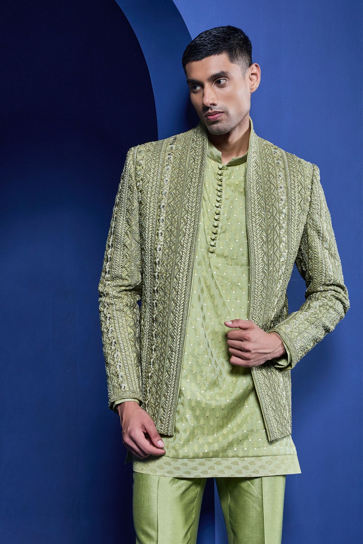 Green Open Bandhgala Set