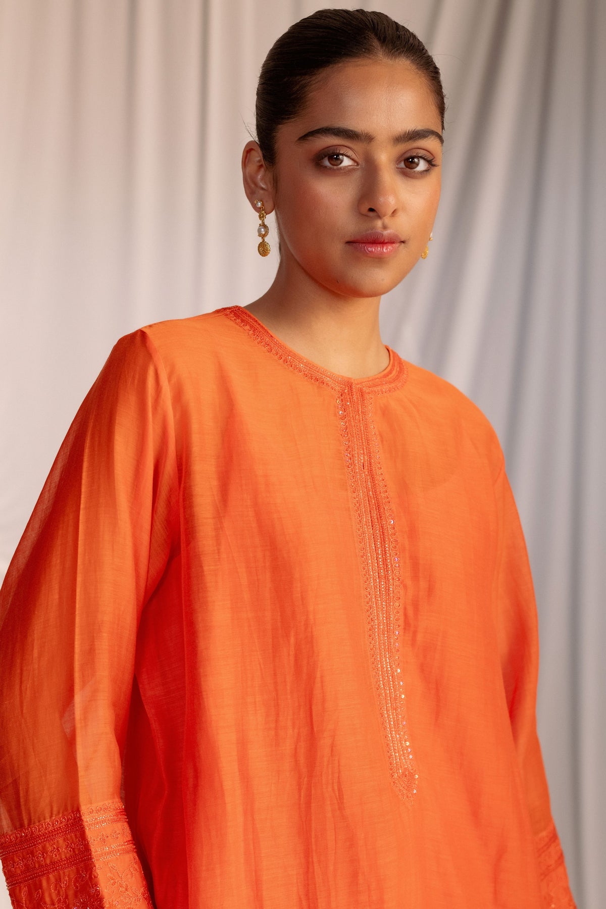 Orange Embroidered Tunic &amp; Trouser Set