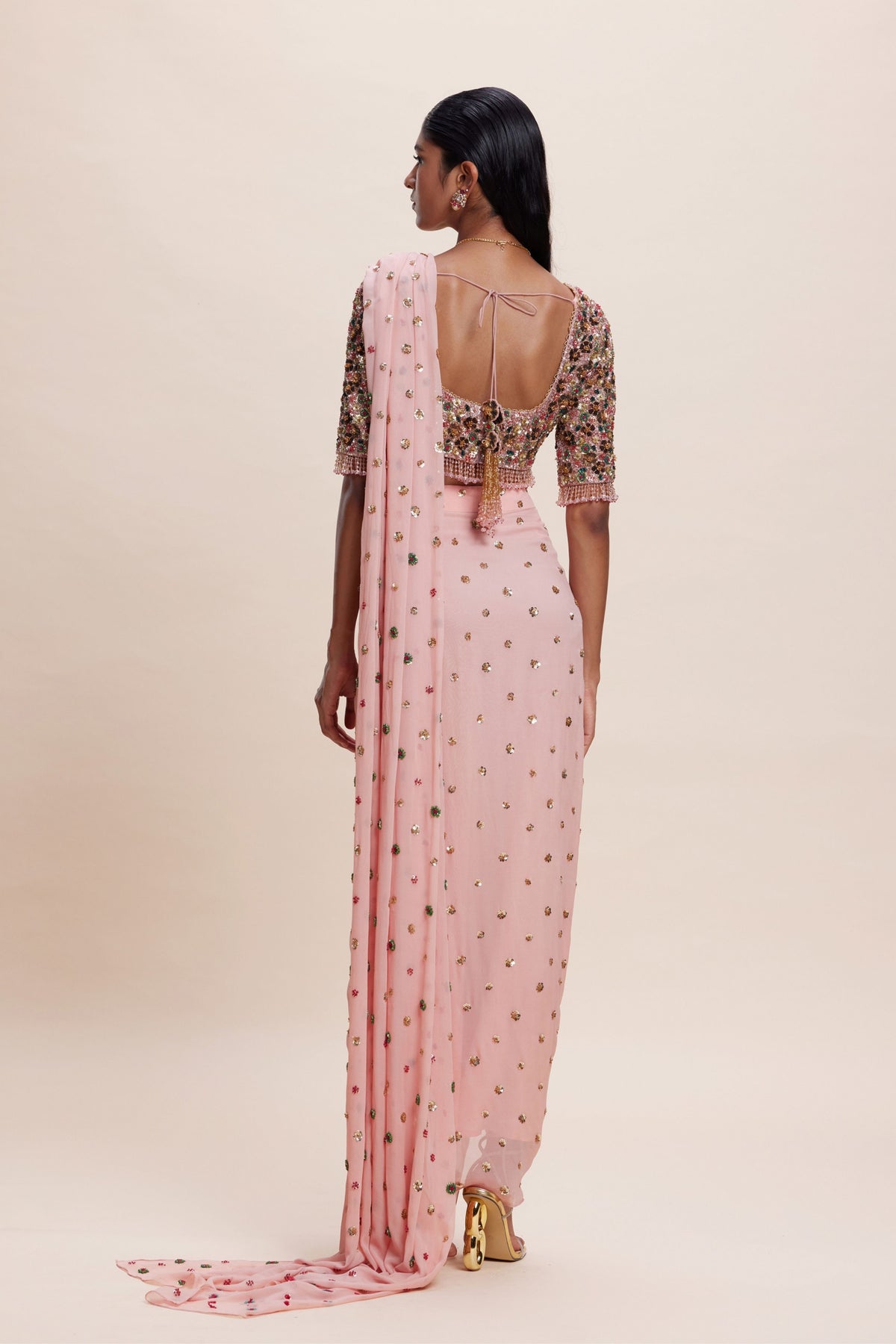 Pink Draped Saree Set