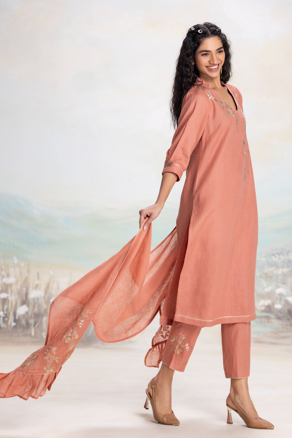 Golden Leaf Peach Kurta Set