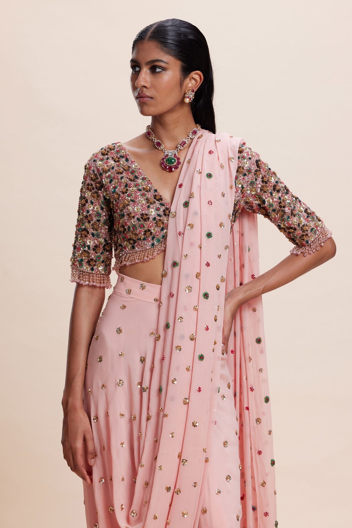 Pink Draped Saree Set