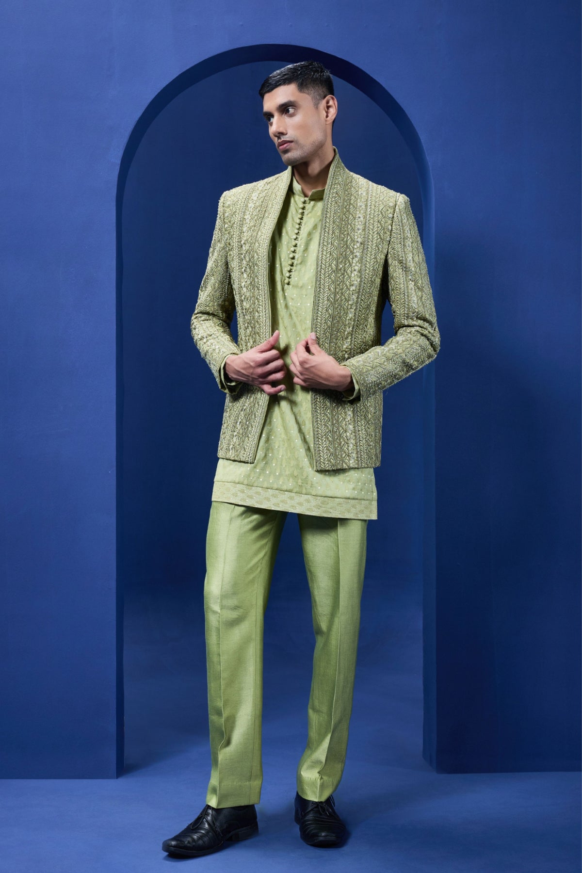 Green Open Bandhgala Set