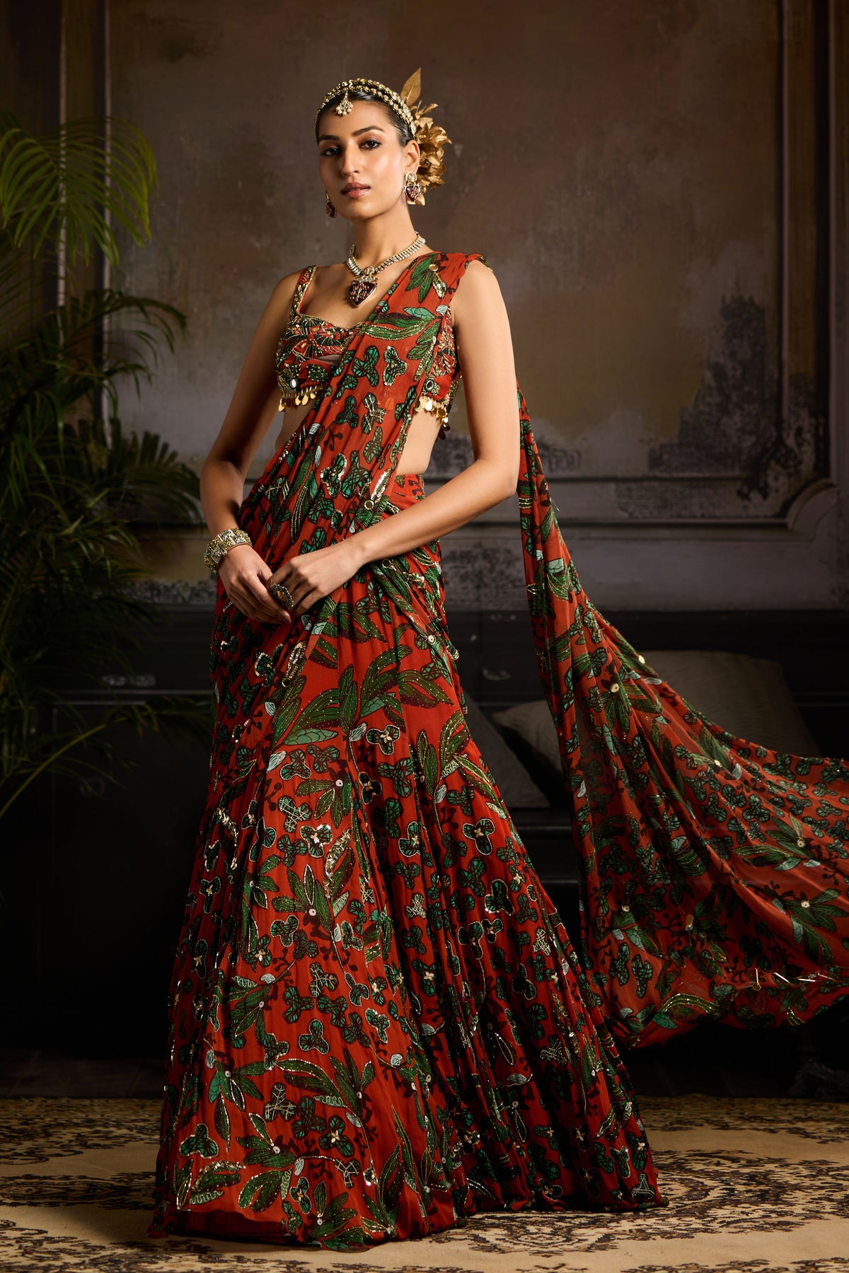 Printed Draped Saree Set in Rust
