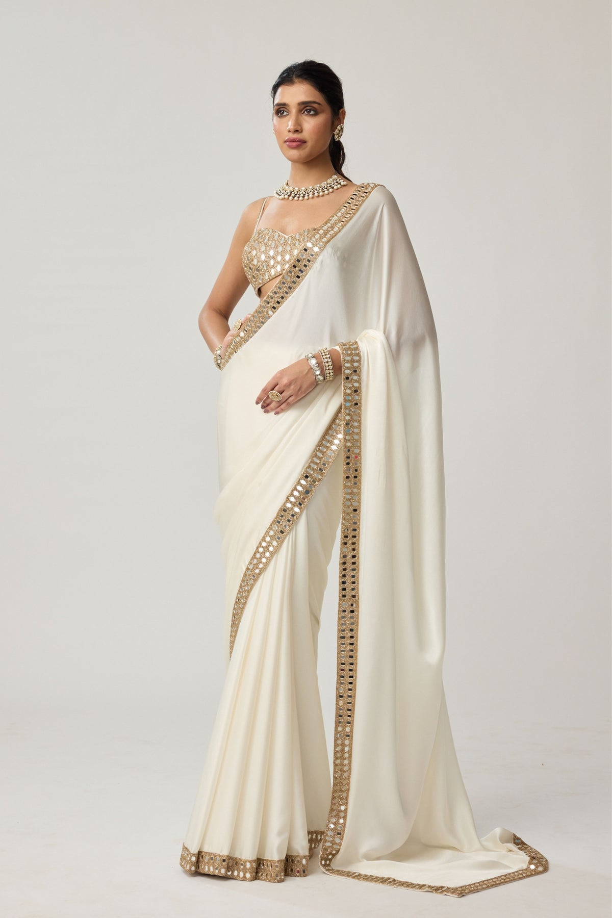 Off White Mirror Saree Set