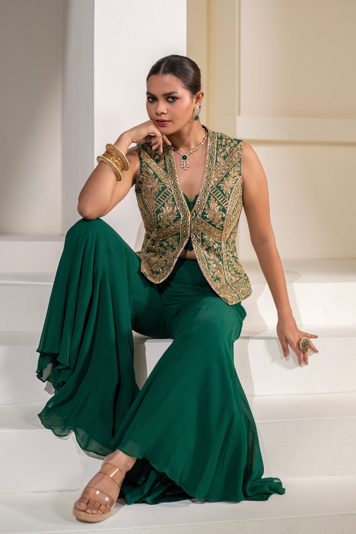 Emerald Green Embellished Jacket Set