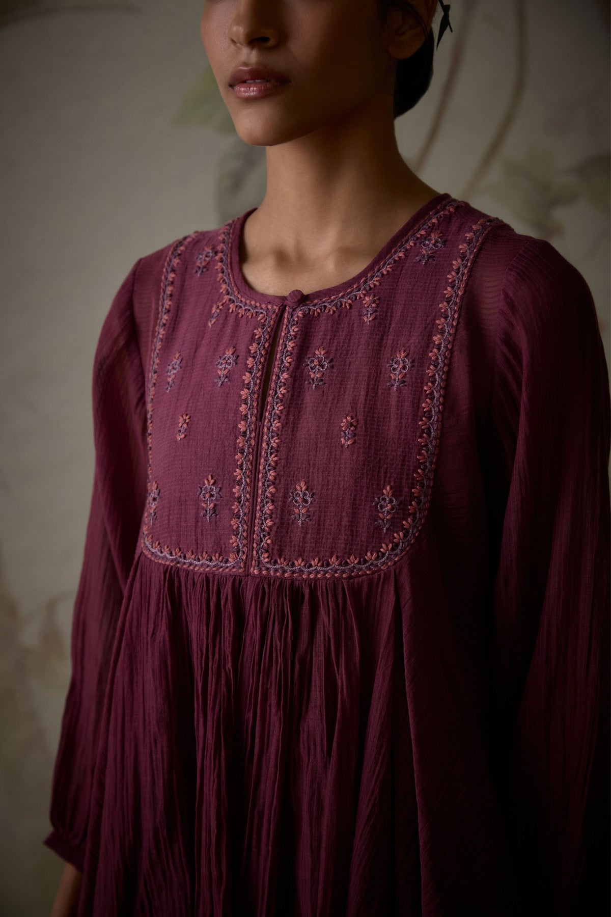 Wine Handwoven Flared Short Tunic