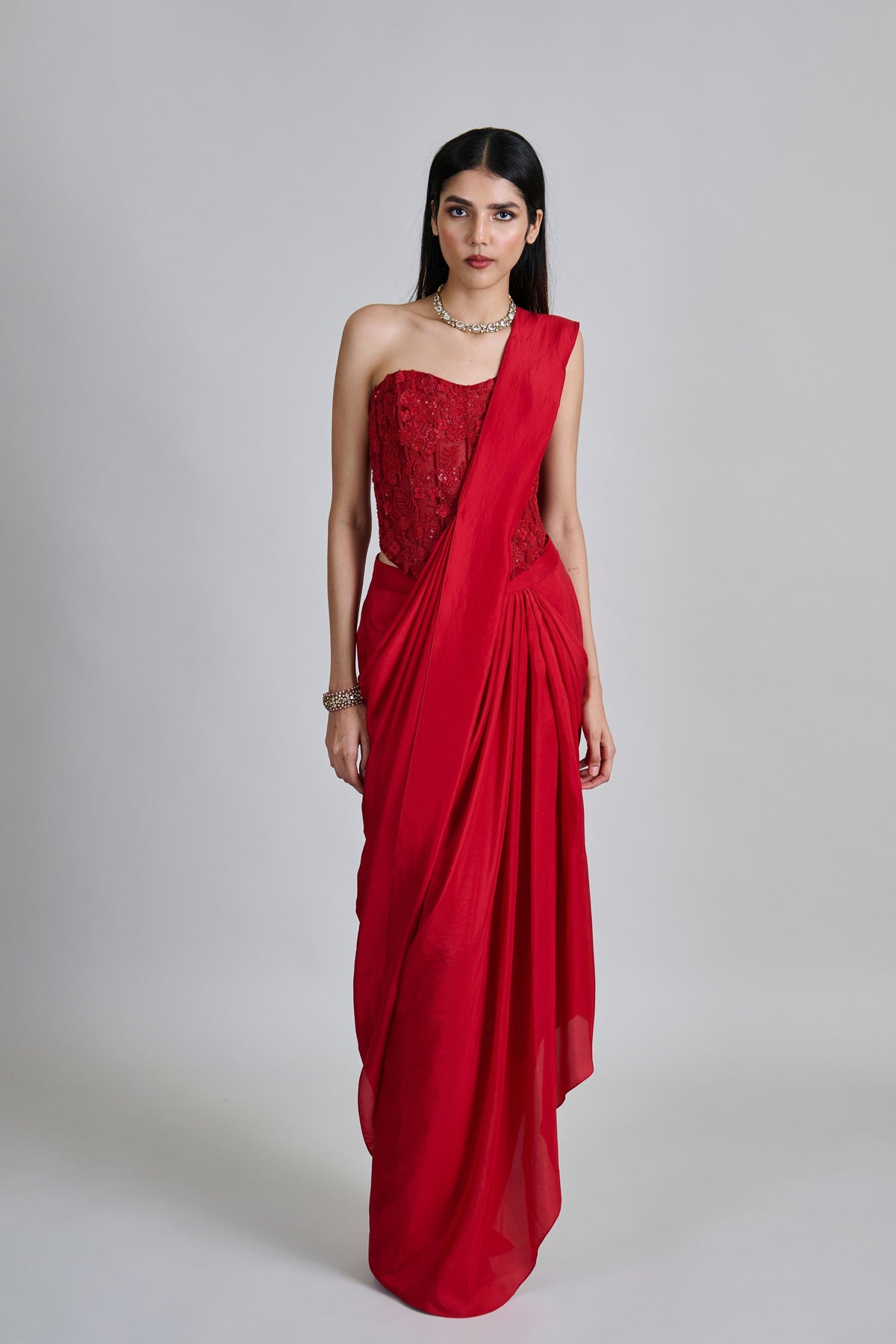 Zin Red Draped Saree Set