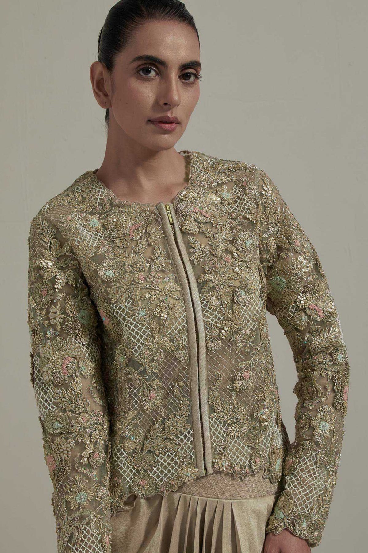 Beige Embellished Jacket Set