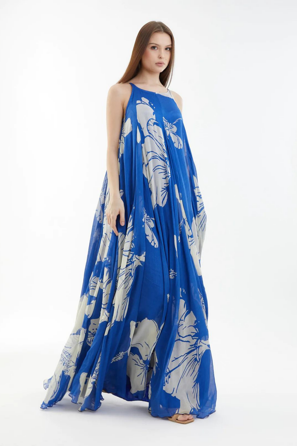 Blue And White Floral Sleeveless Long Dress