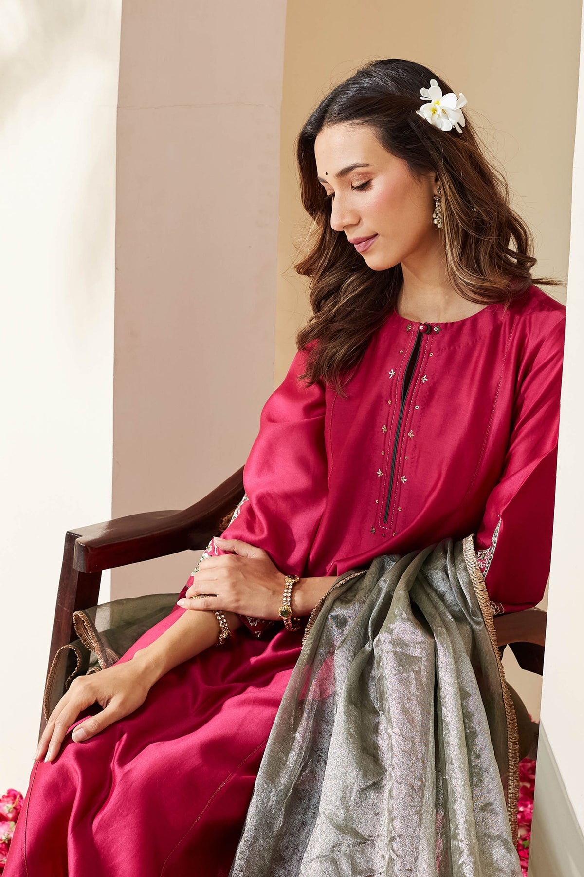 Magenta Floral Chanderi Kurta Set