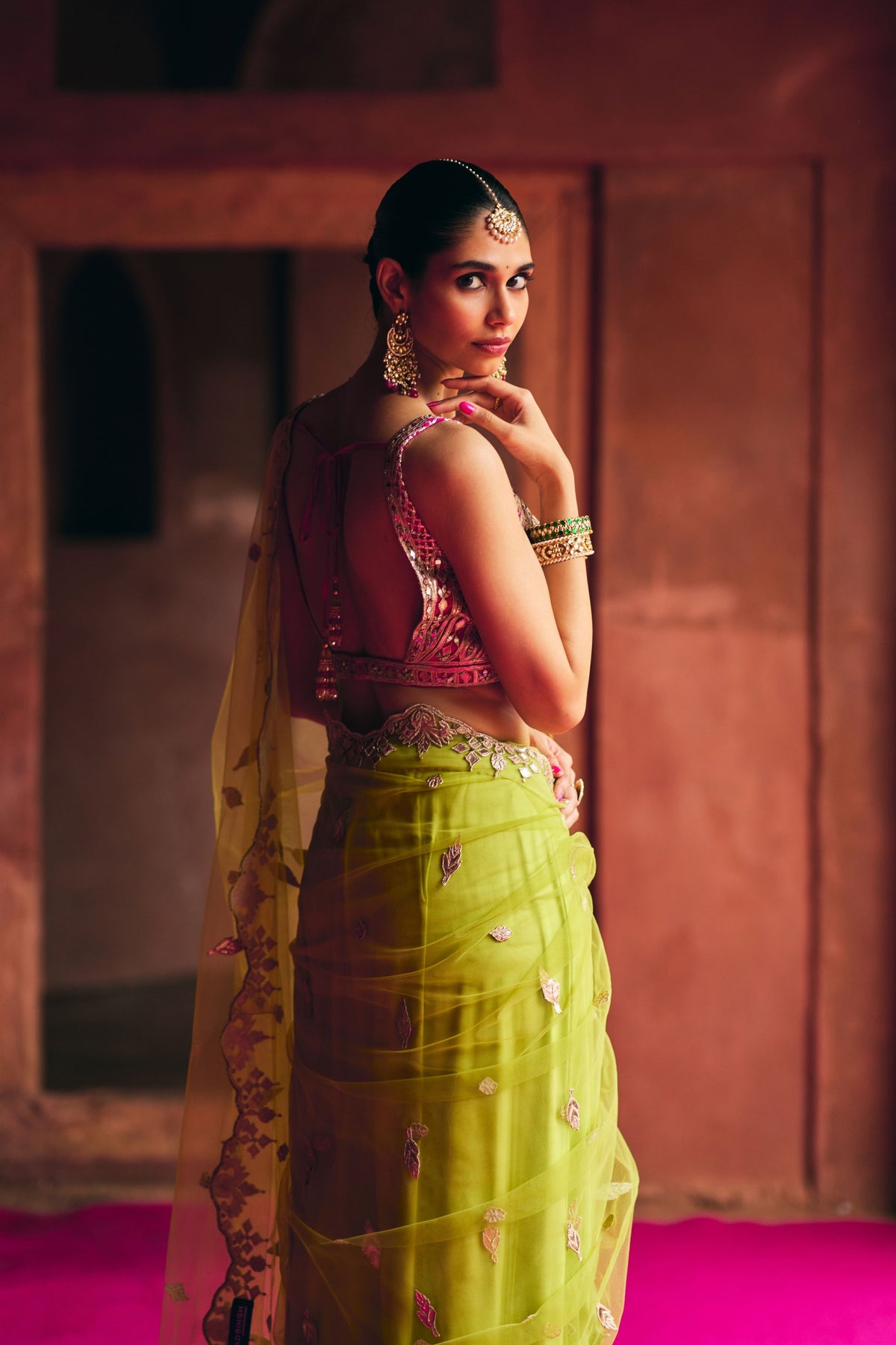 Lime Green Net Saree Set