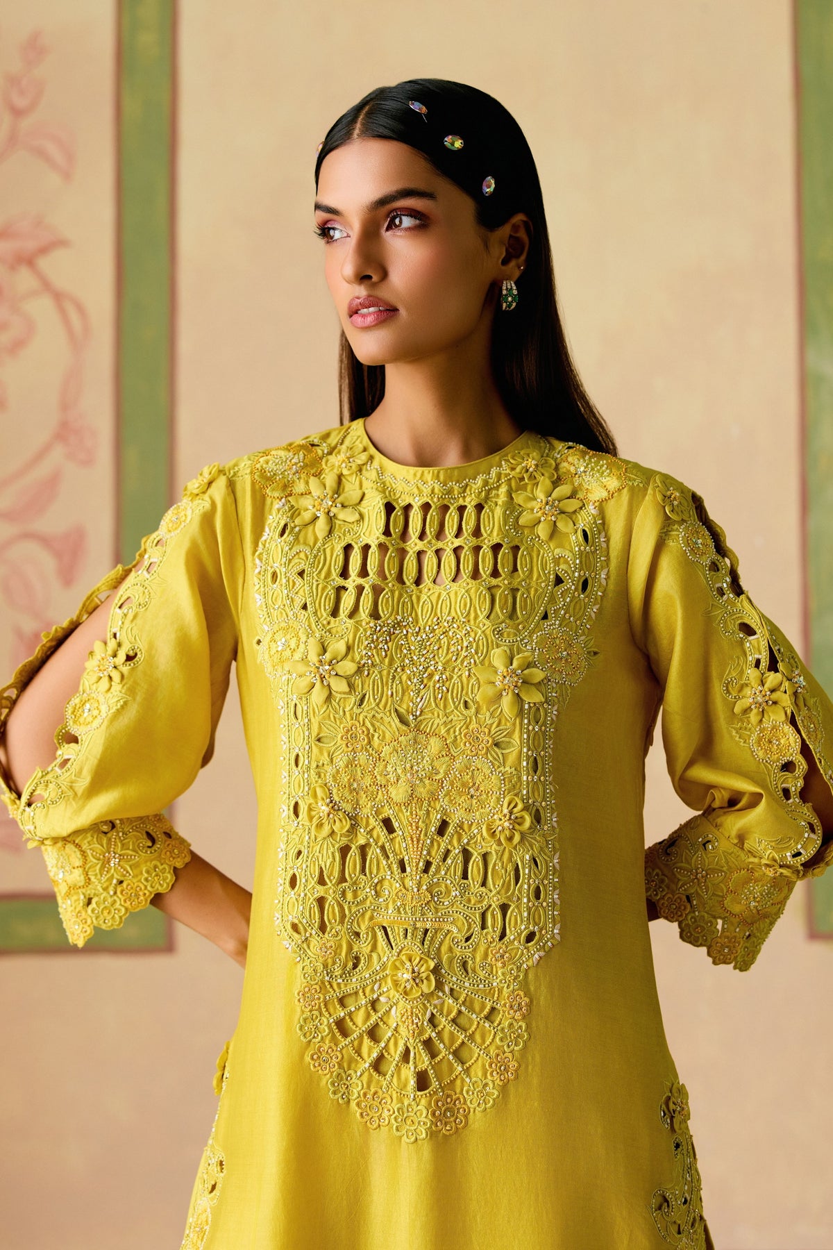 Yellow 3d Floral Kurta Set