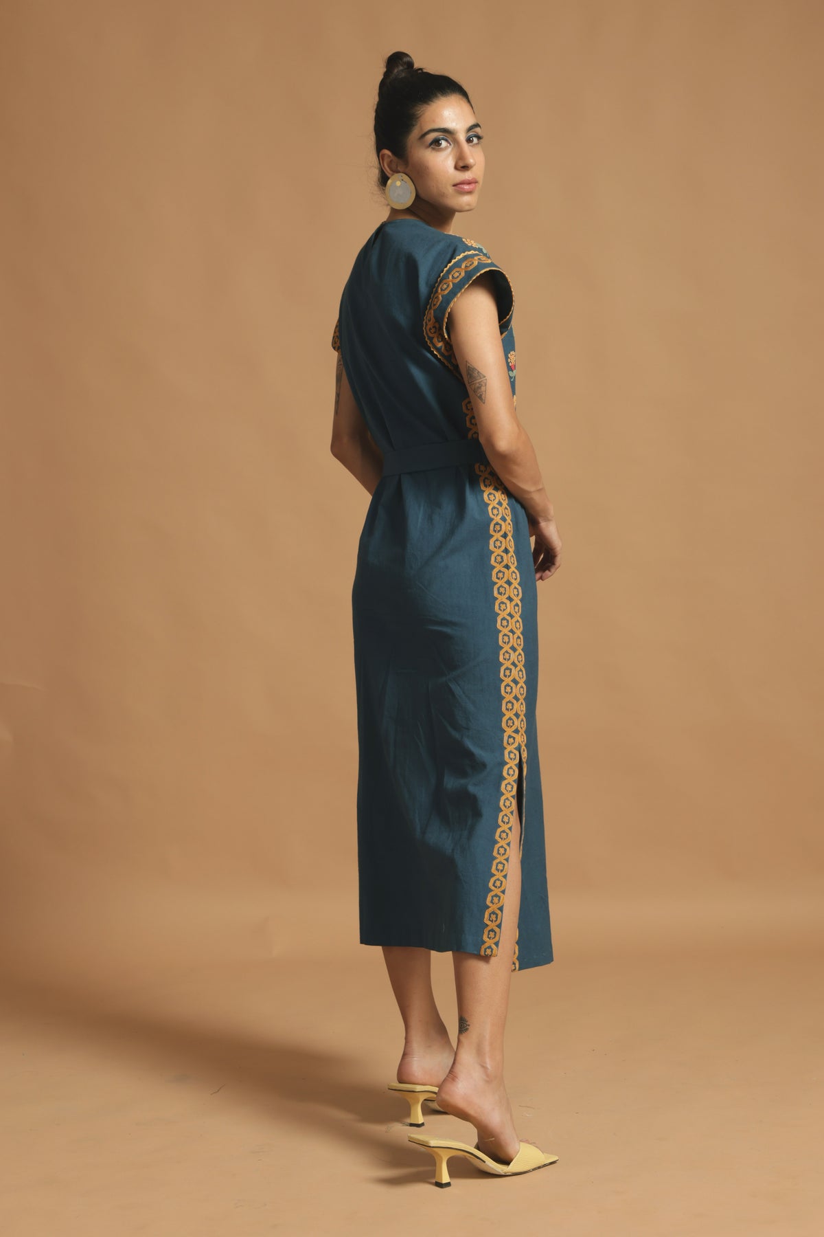 Blue kala cotton slit dress with belt