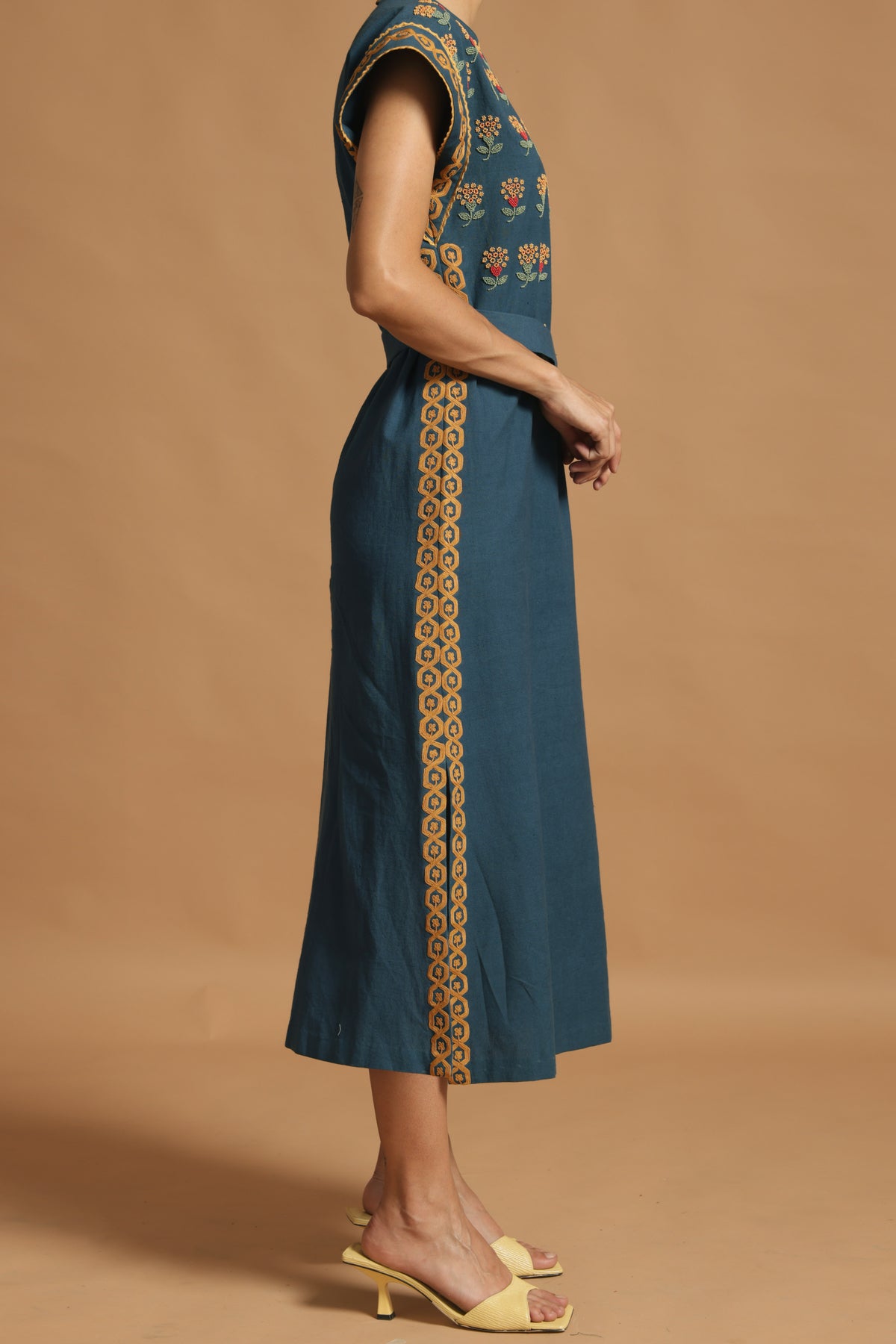 Blue kala cotton slit dress with belt