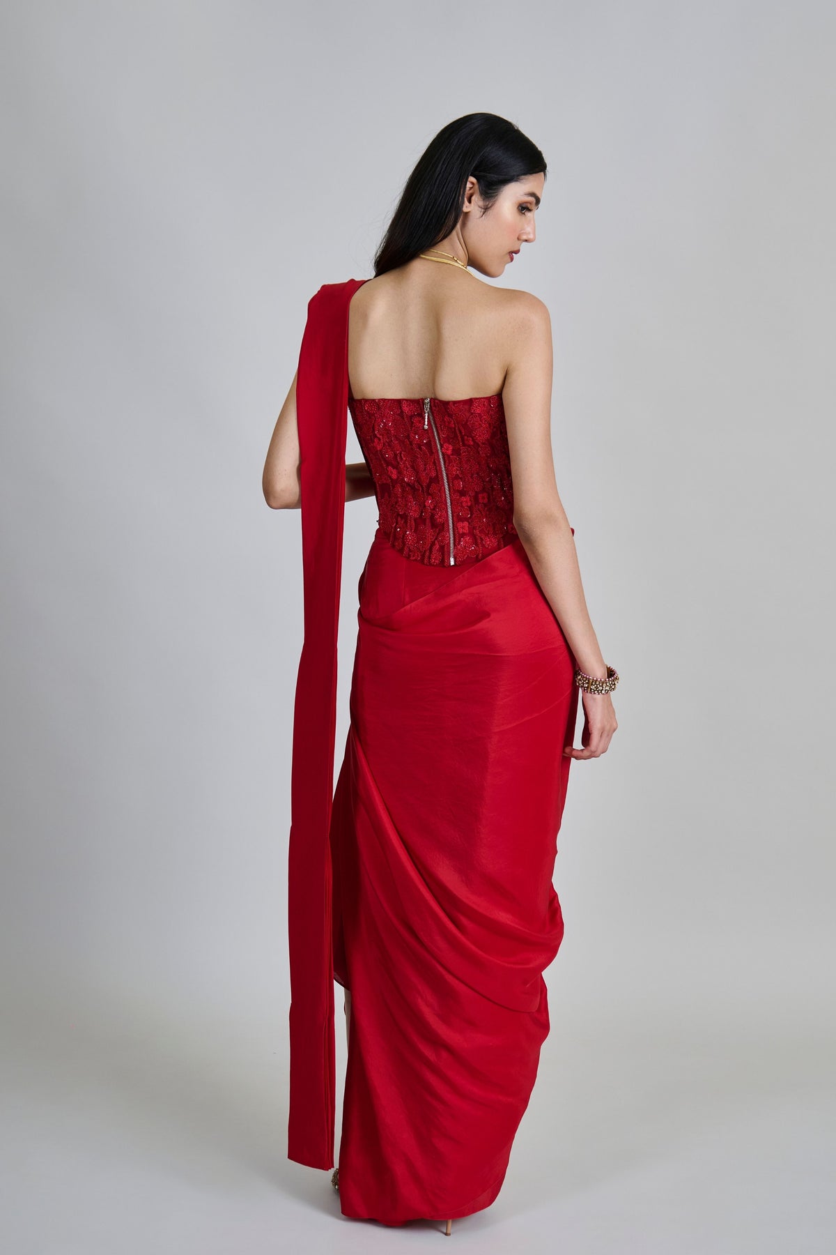 Zin Red Draped Saree Set