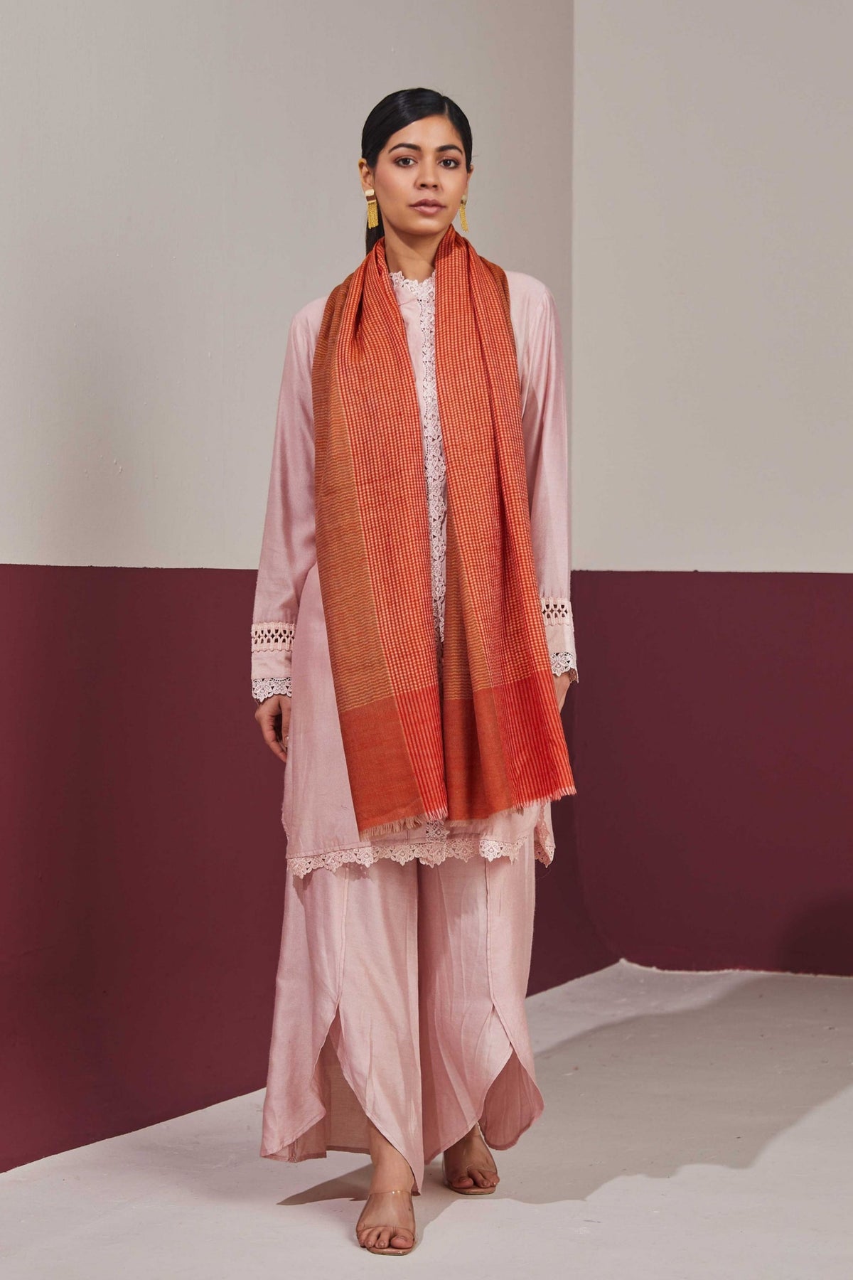 Zari Check Reversible Vermillion Stole