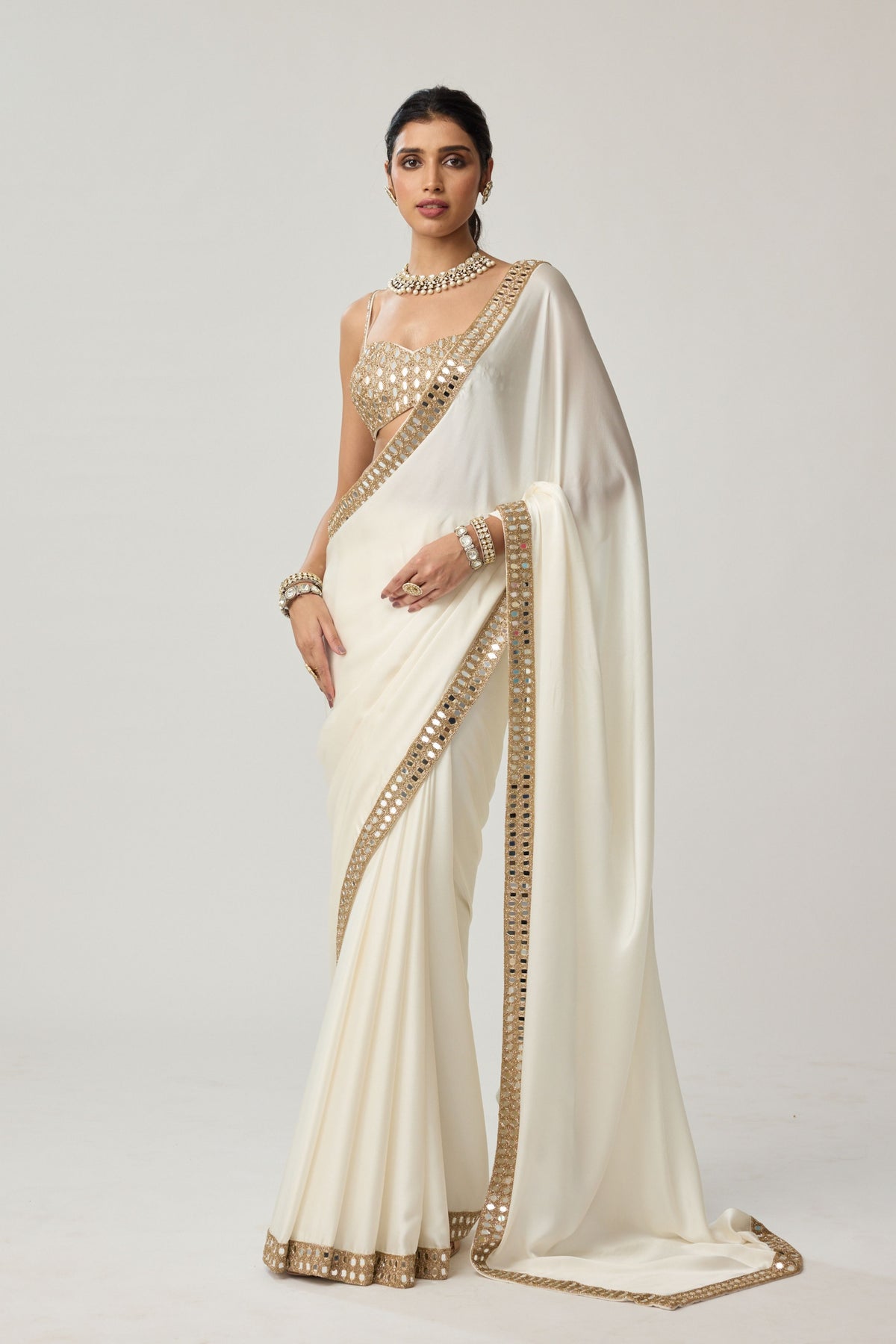 Off White Mirror Saree Set
