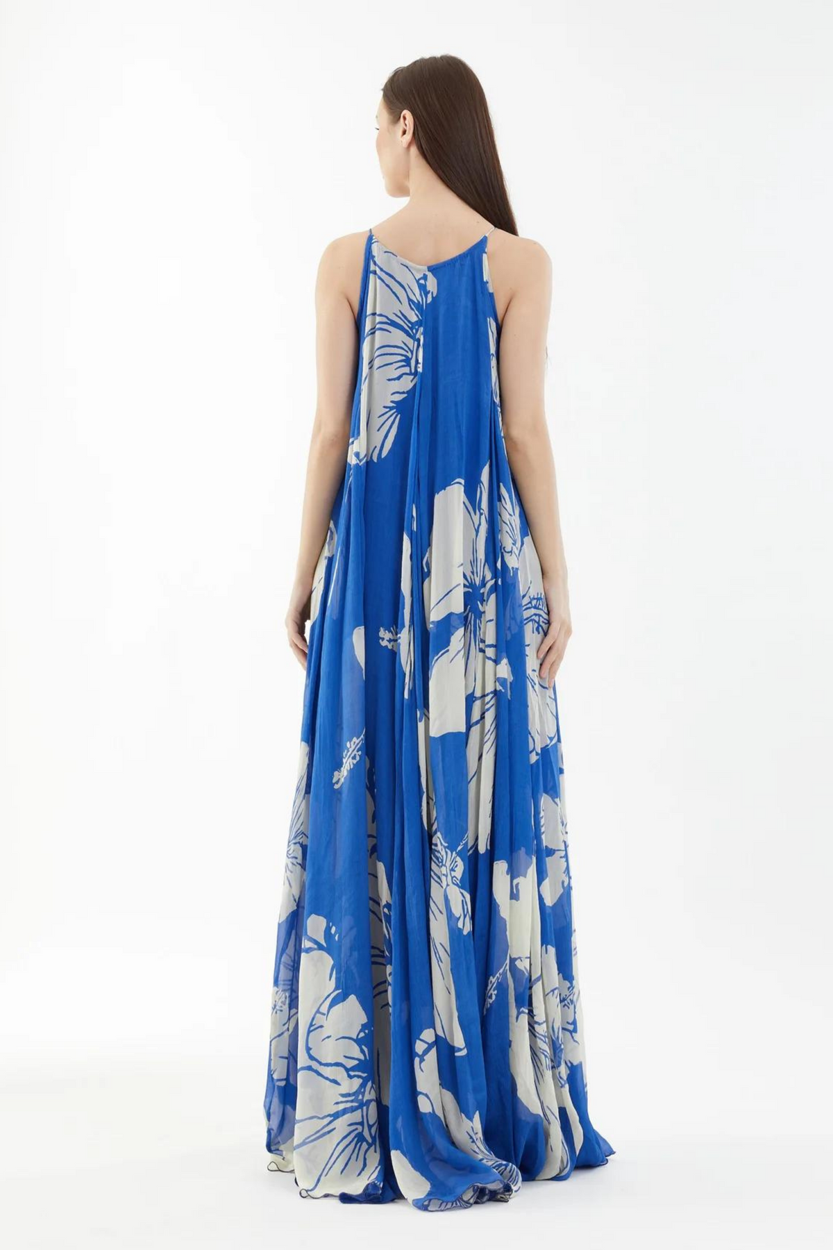 Blue And White Floral Sleeveless Long Dress