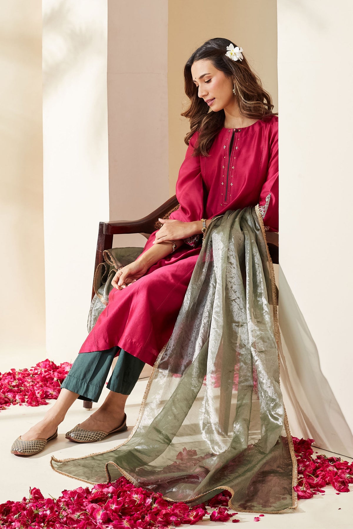 Magenta Floral Chanderi Kurta Set