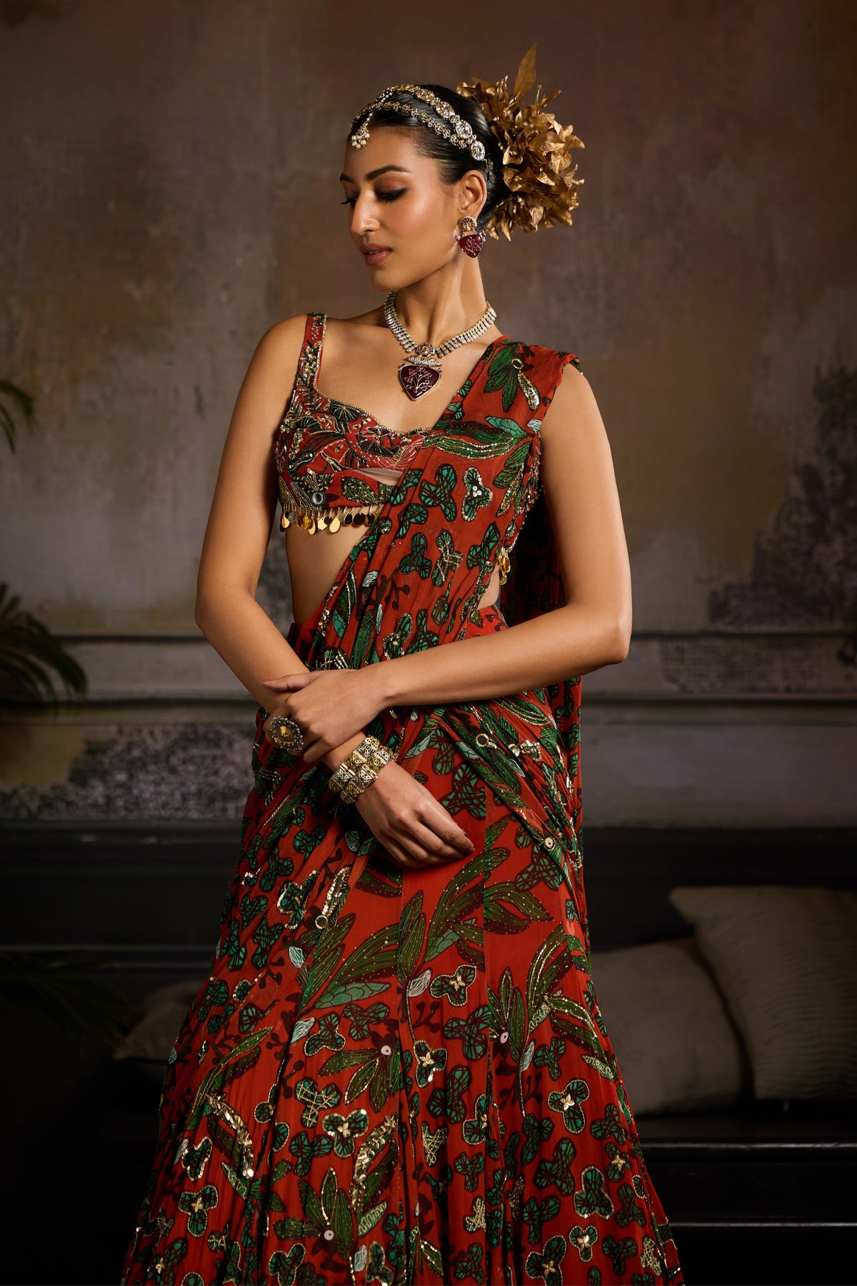 Printed Draped Saree Set in Rust
