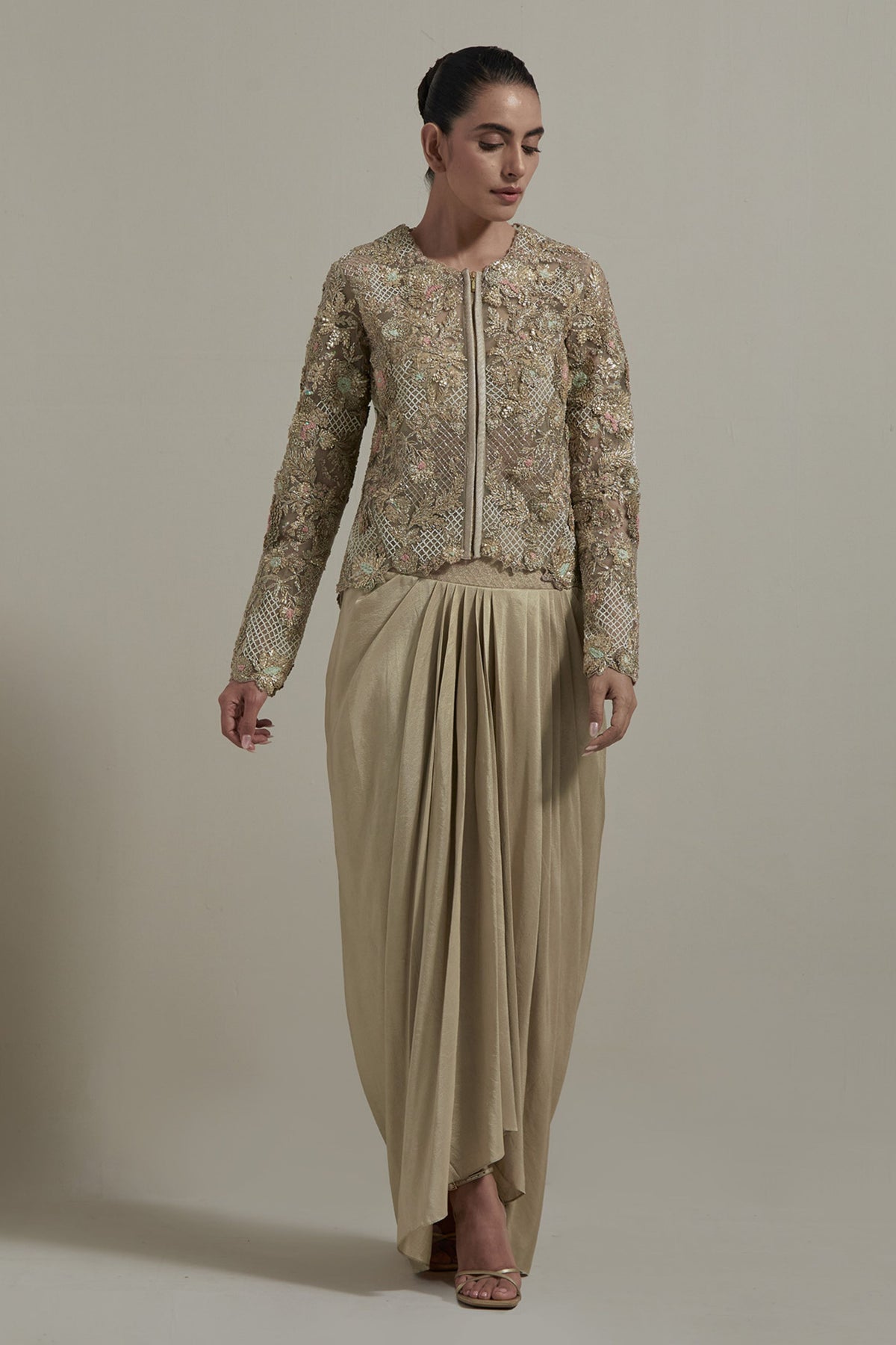 Beige Embellished Jacket Set