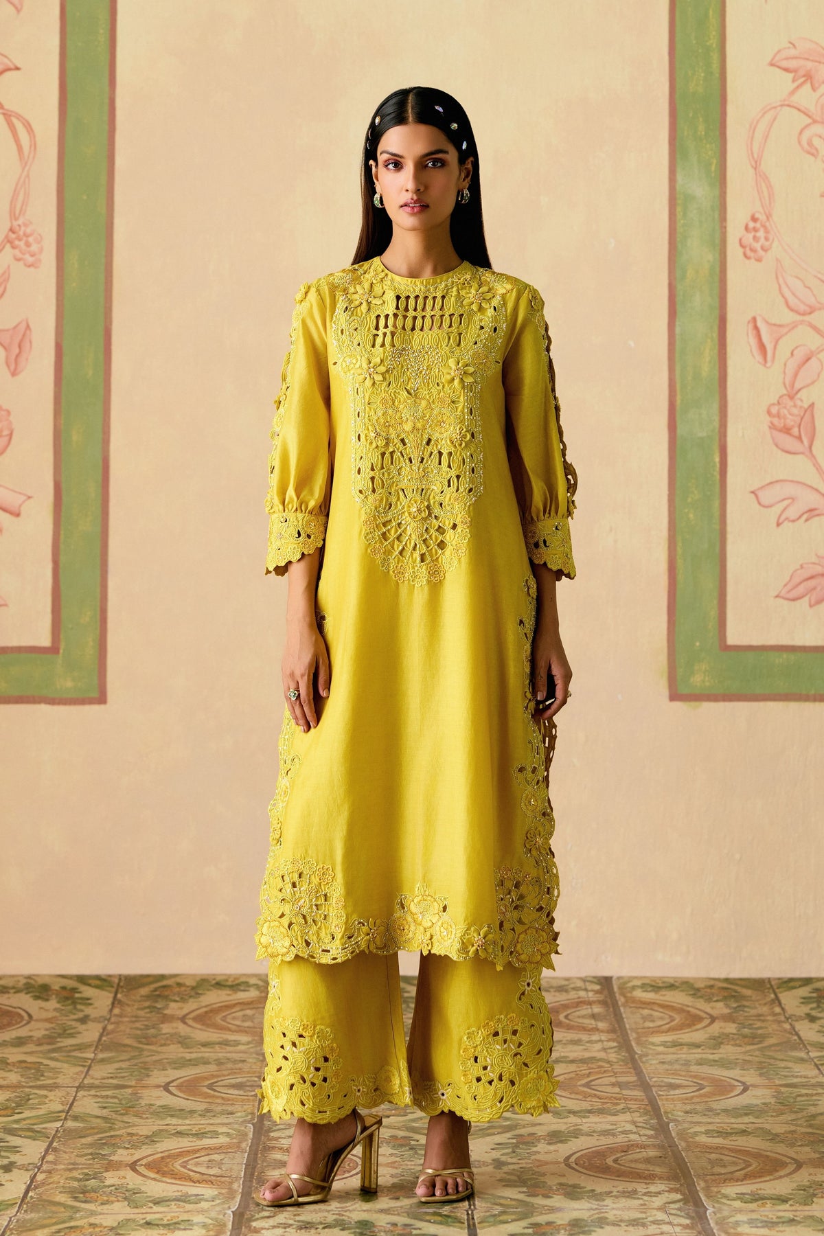 Yellow 3d Floral Kurta Set