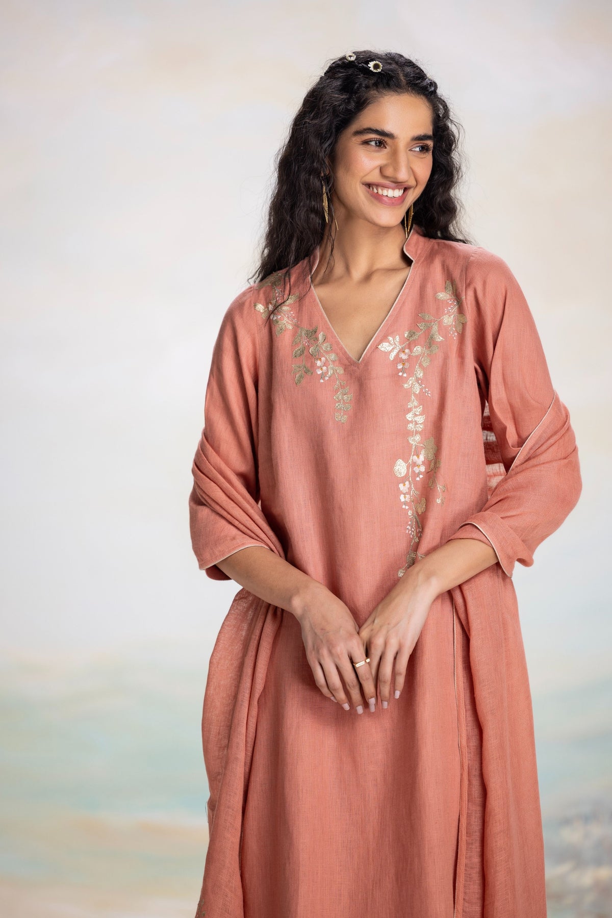 Golden Leaf Peach Kurta Set