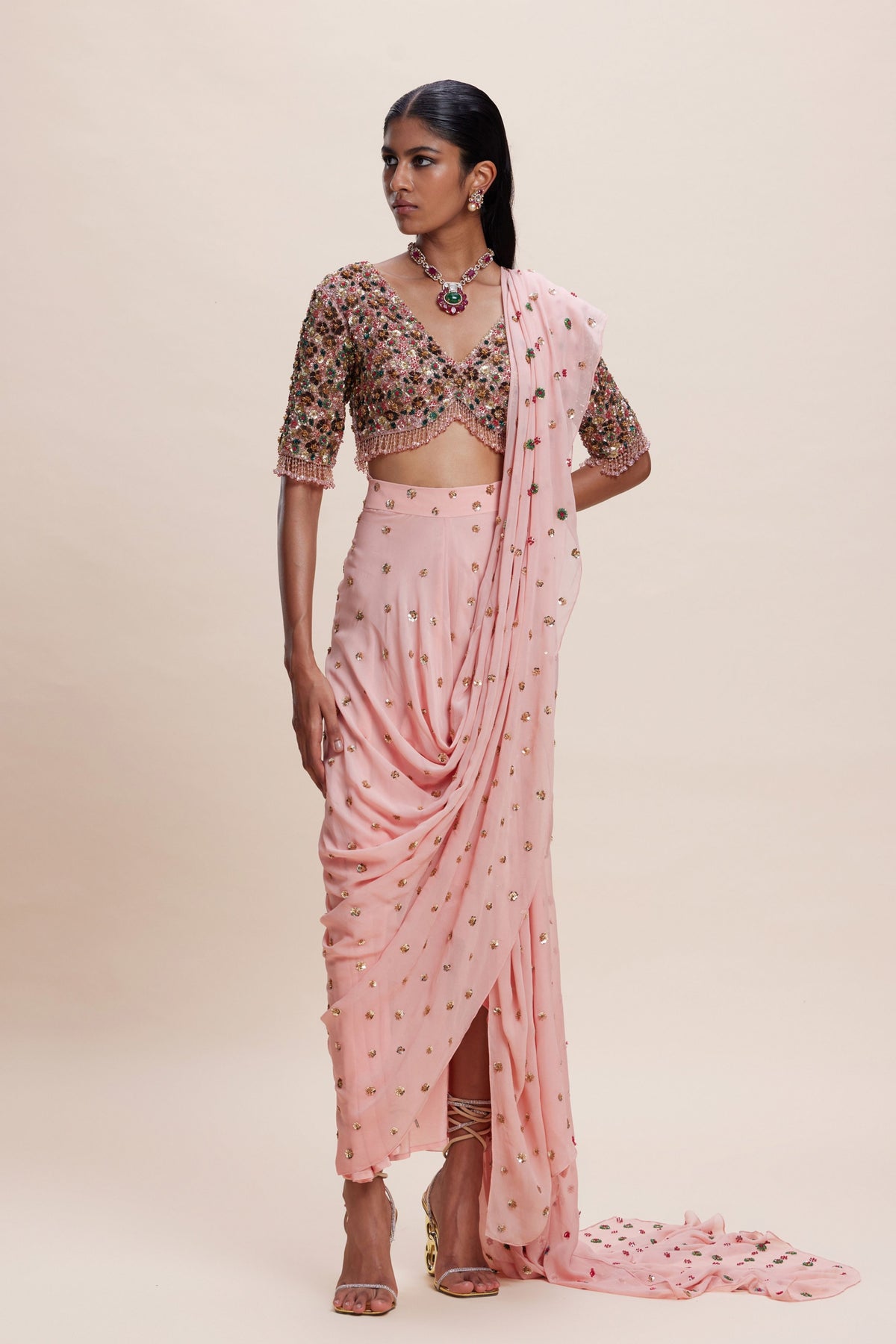 Pink Draped Saree Set
