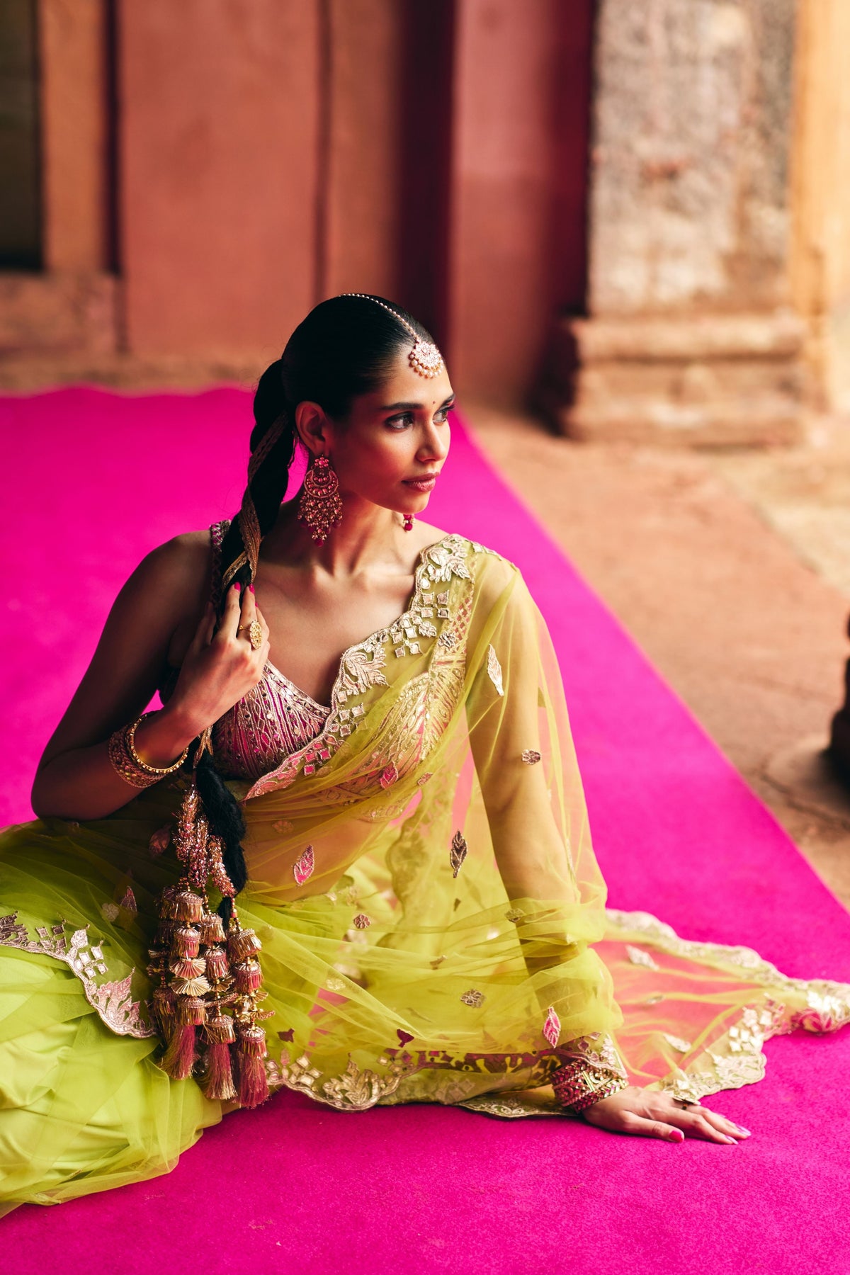 Lime Green Net Saree Set