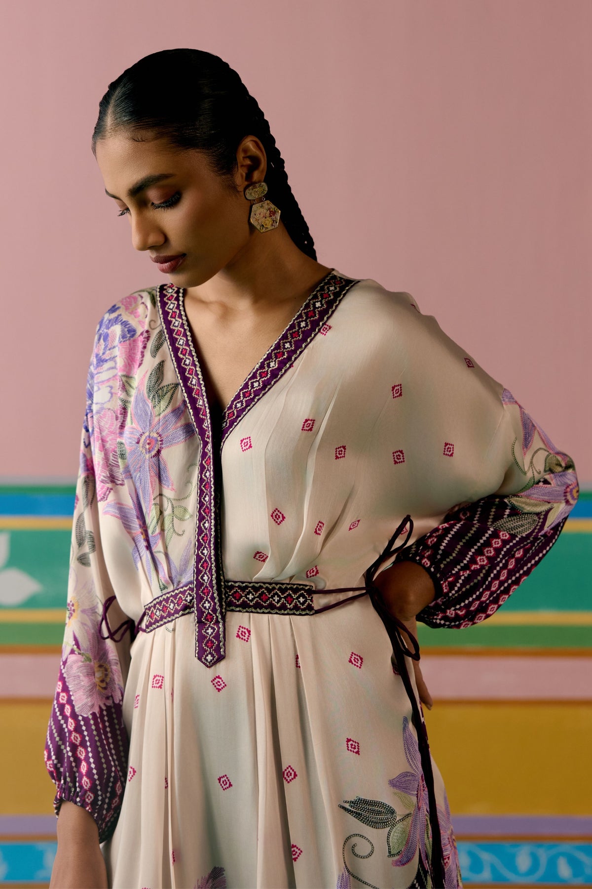 Purple Ikat Long Kaftan Set