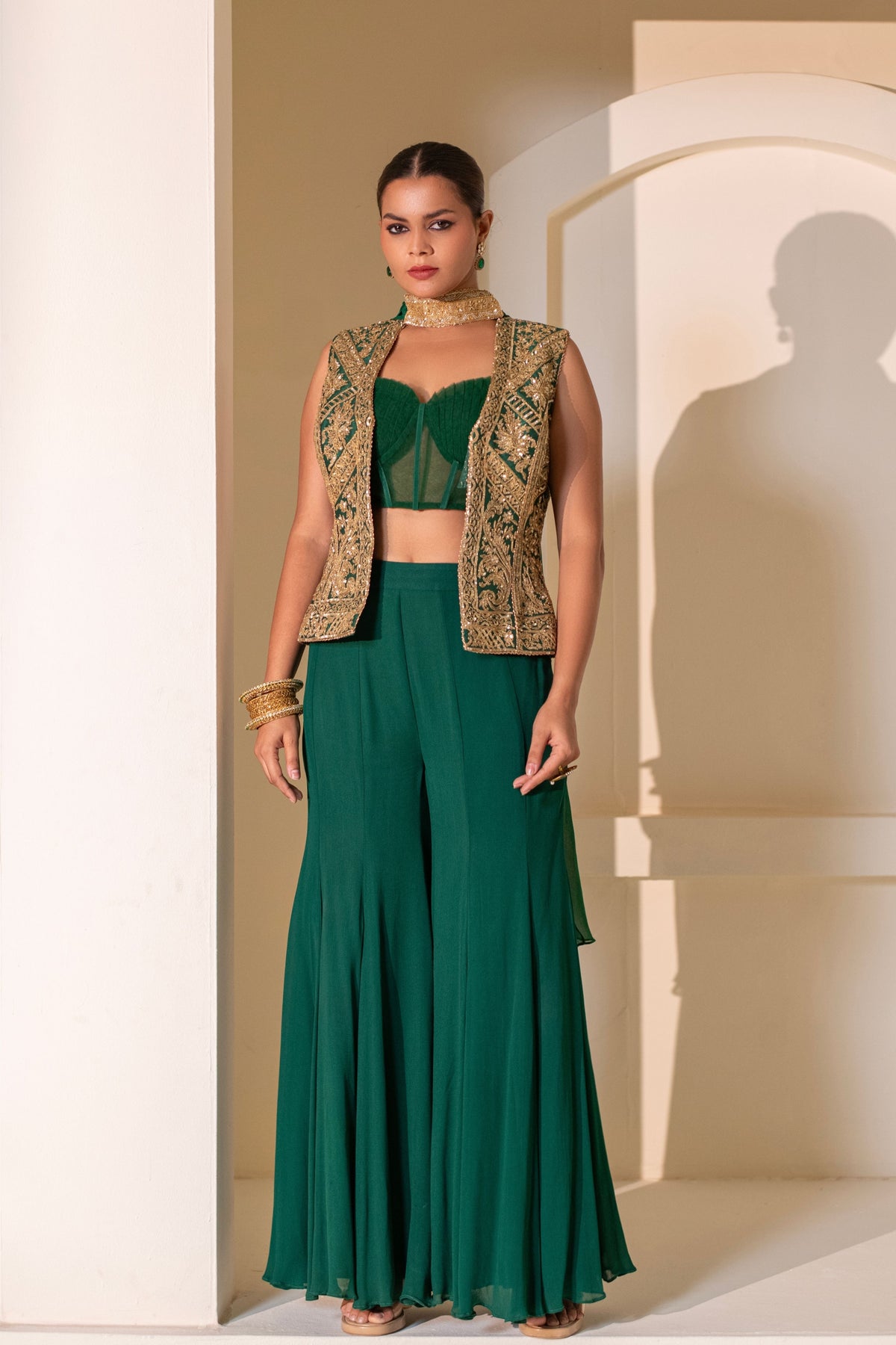 Emerald Green Embellished Jacket Set