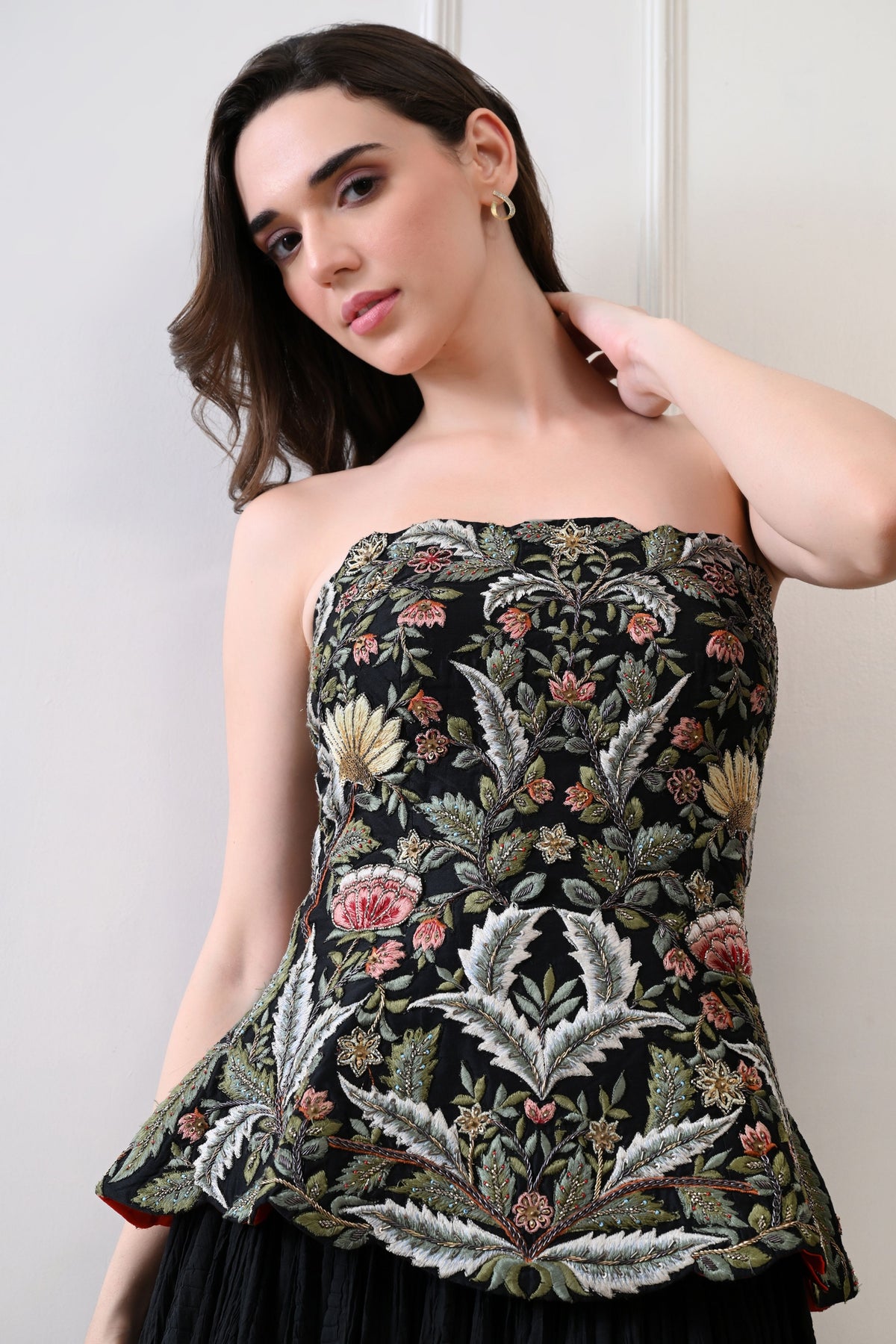 Black Embroidered Corset Set