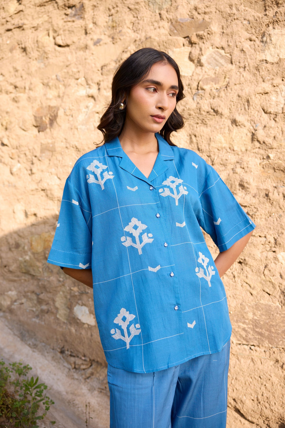Blue Embroidered Drop Shoulder Shirt